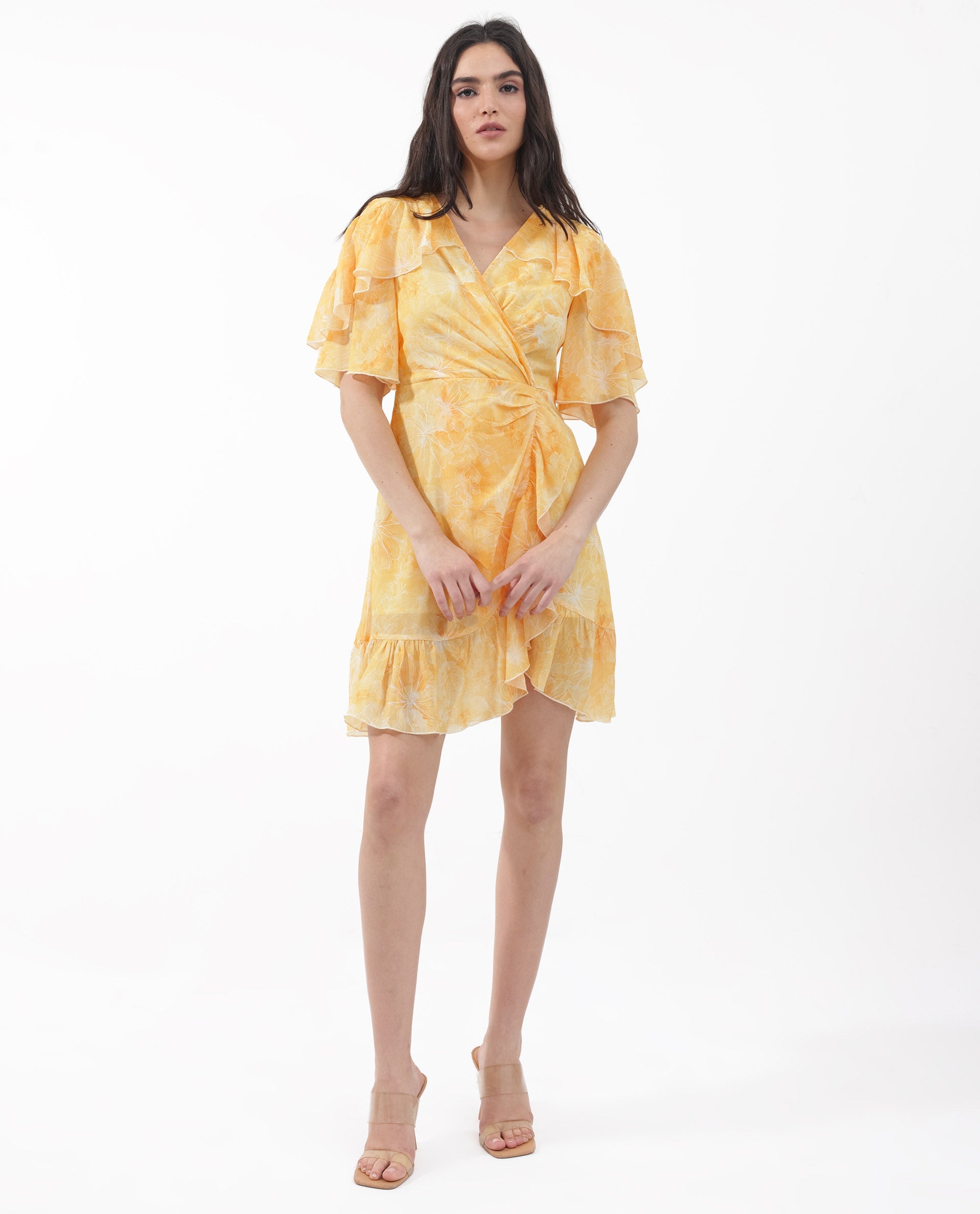 Women's Buckley Yellow Polyester Fabric Regular Sleeves V-Neck Floral Print Regular Length Dress