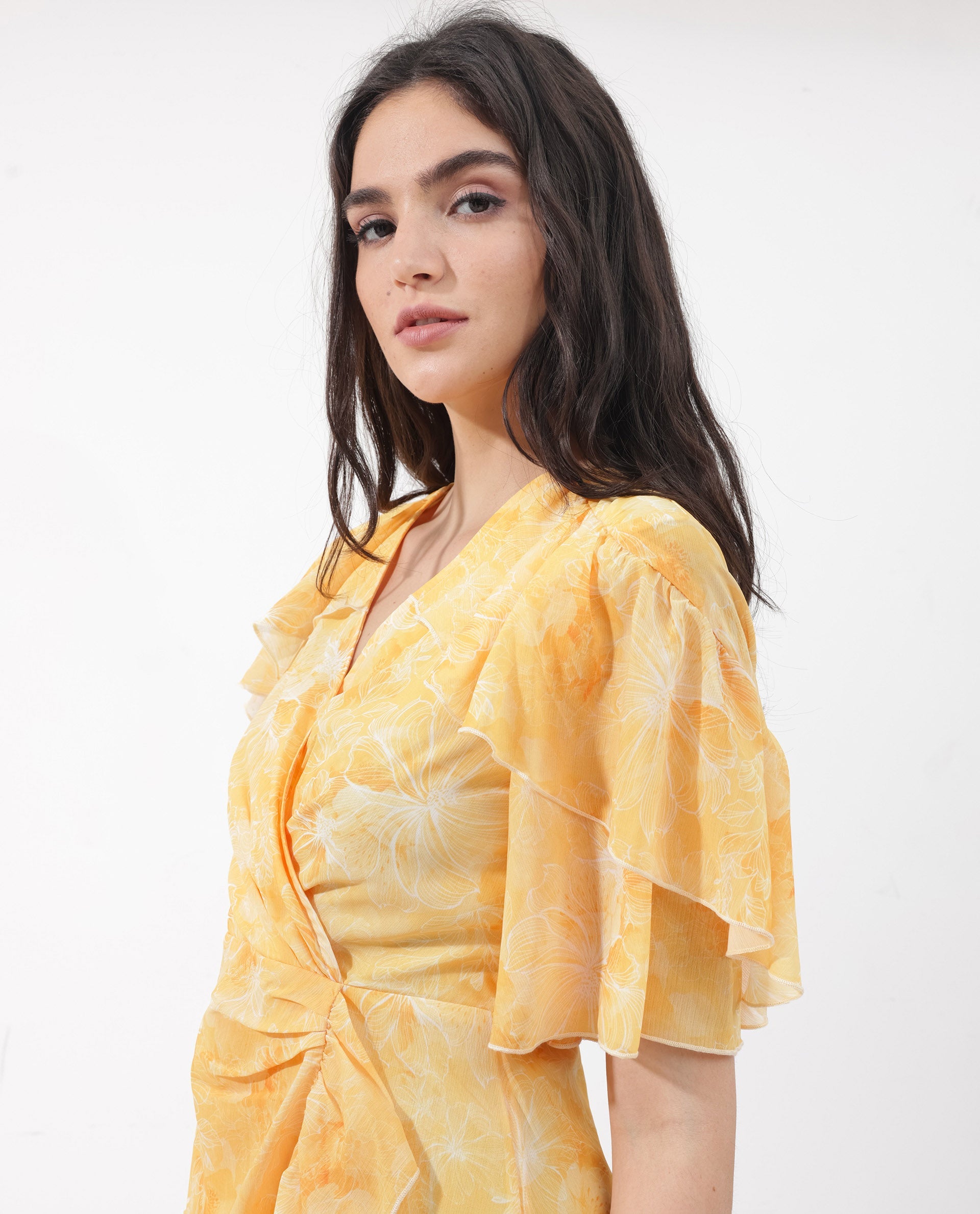 Women's Buckley Yellow Polyester Fabric Regular Sleeves V-Neck Floral Print Regular Length Dress