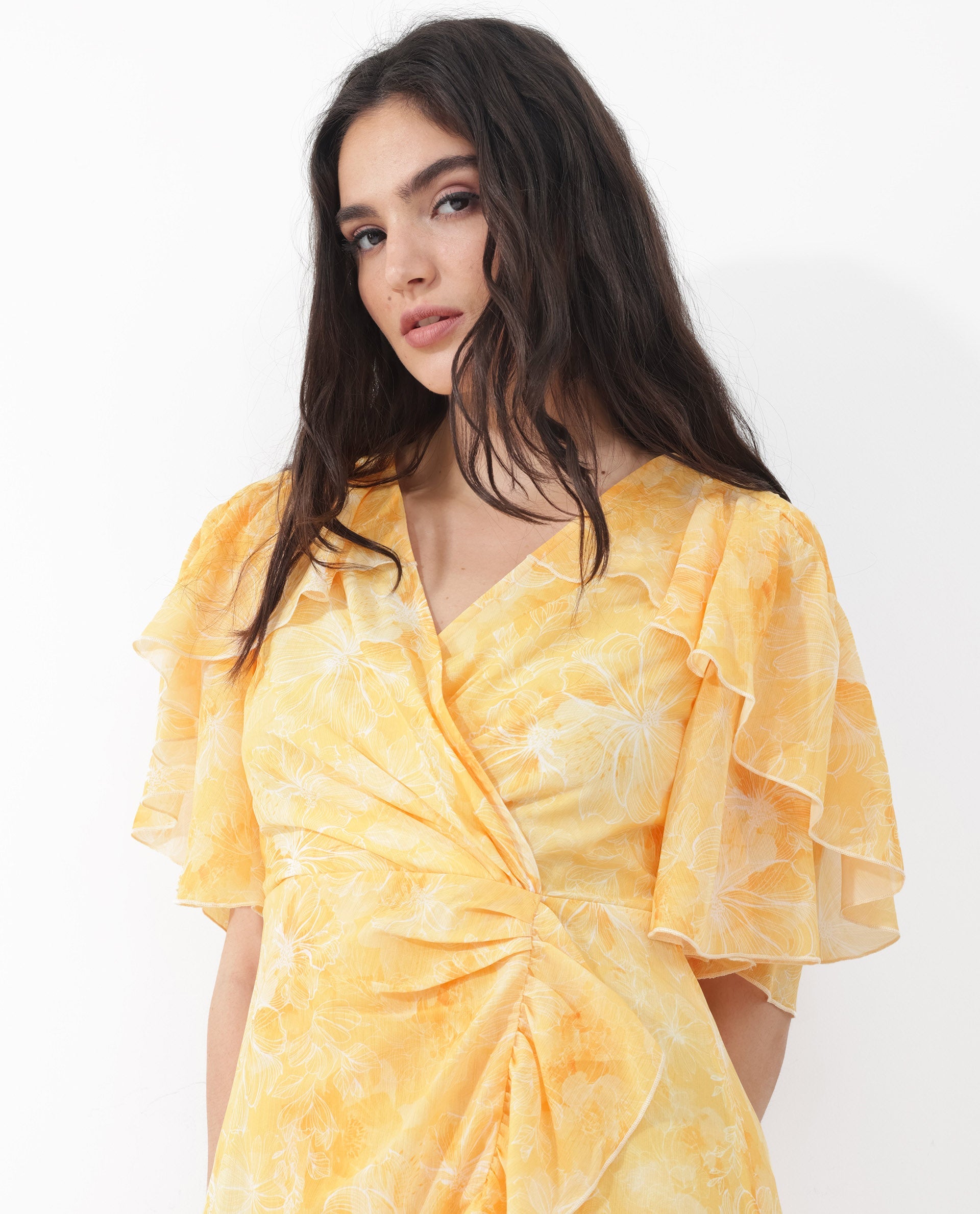 Women's Buckley Yellow Polyester Fabric Regular Sleeves V-Neck Floral Print Regular Length Dress