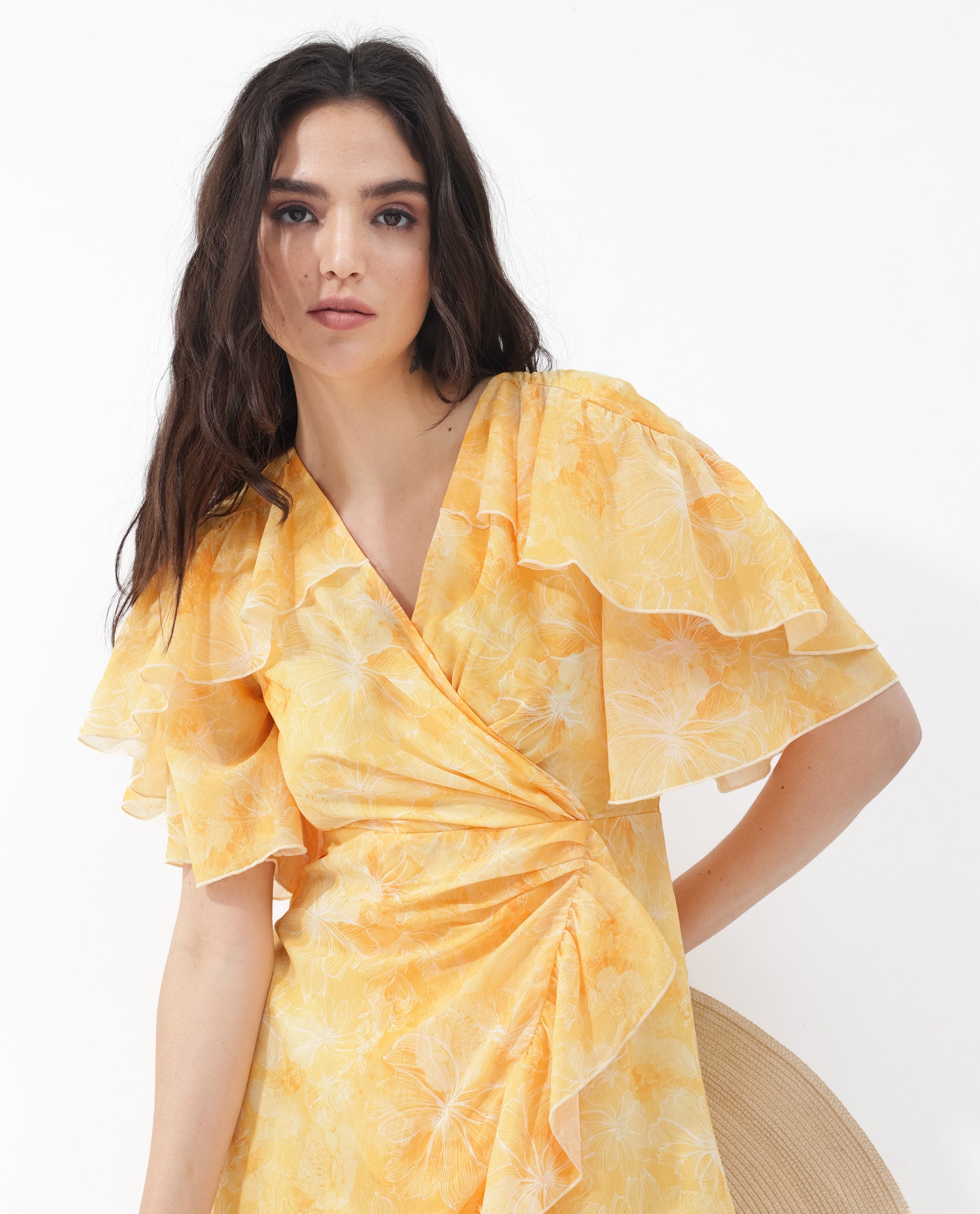 Women's Buckley Yellow Polyester Fabric Regular Sleeves V-Neck Floral Print Regular Length Dress