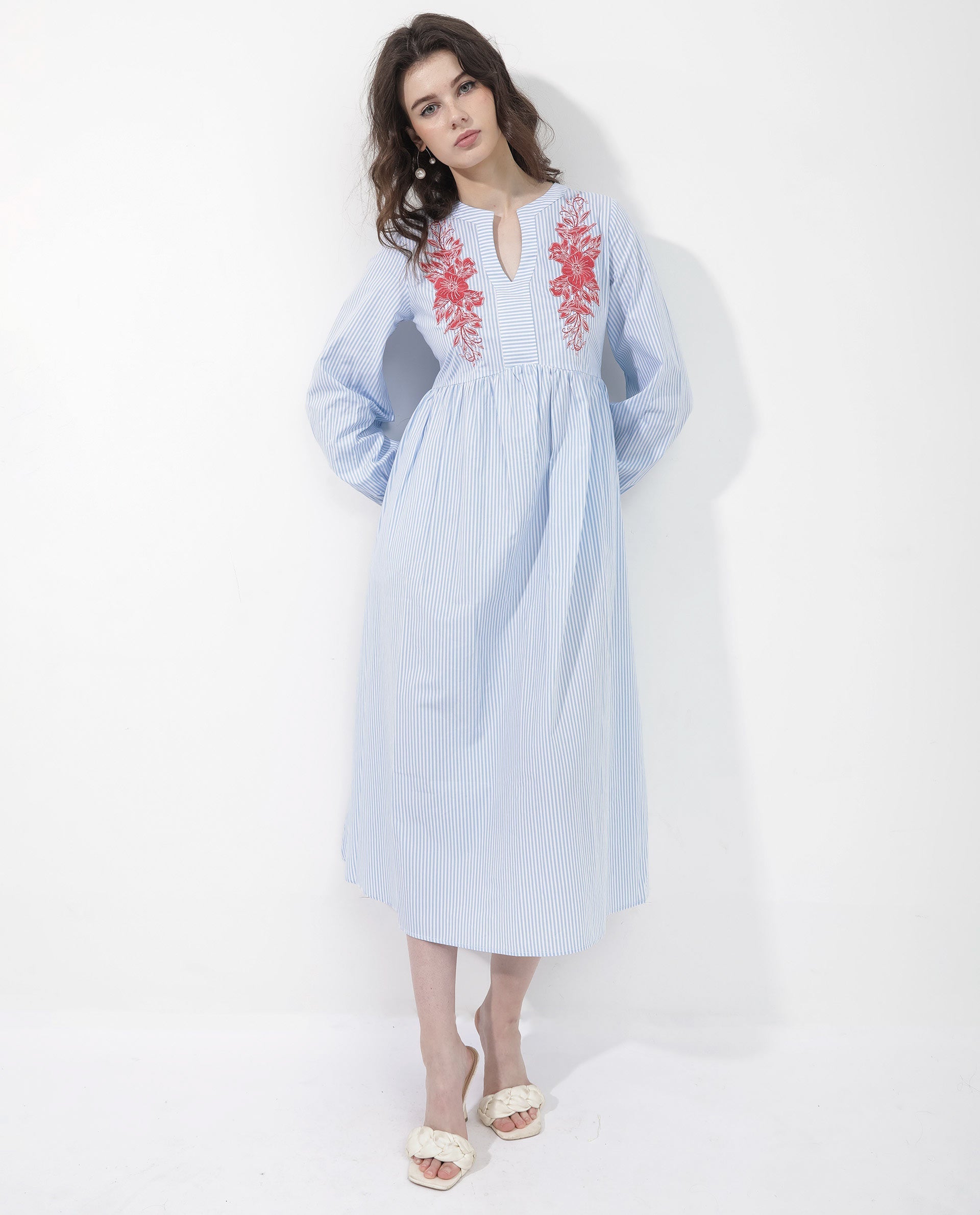 Women's Calia Blue Cotton Fabric Regular Sleeves Collared Neck Solid Longline Dress