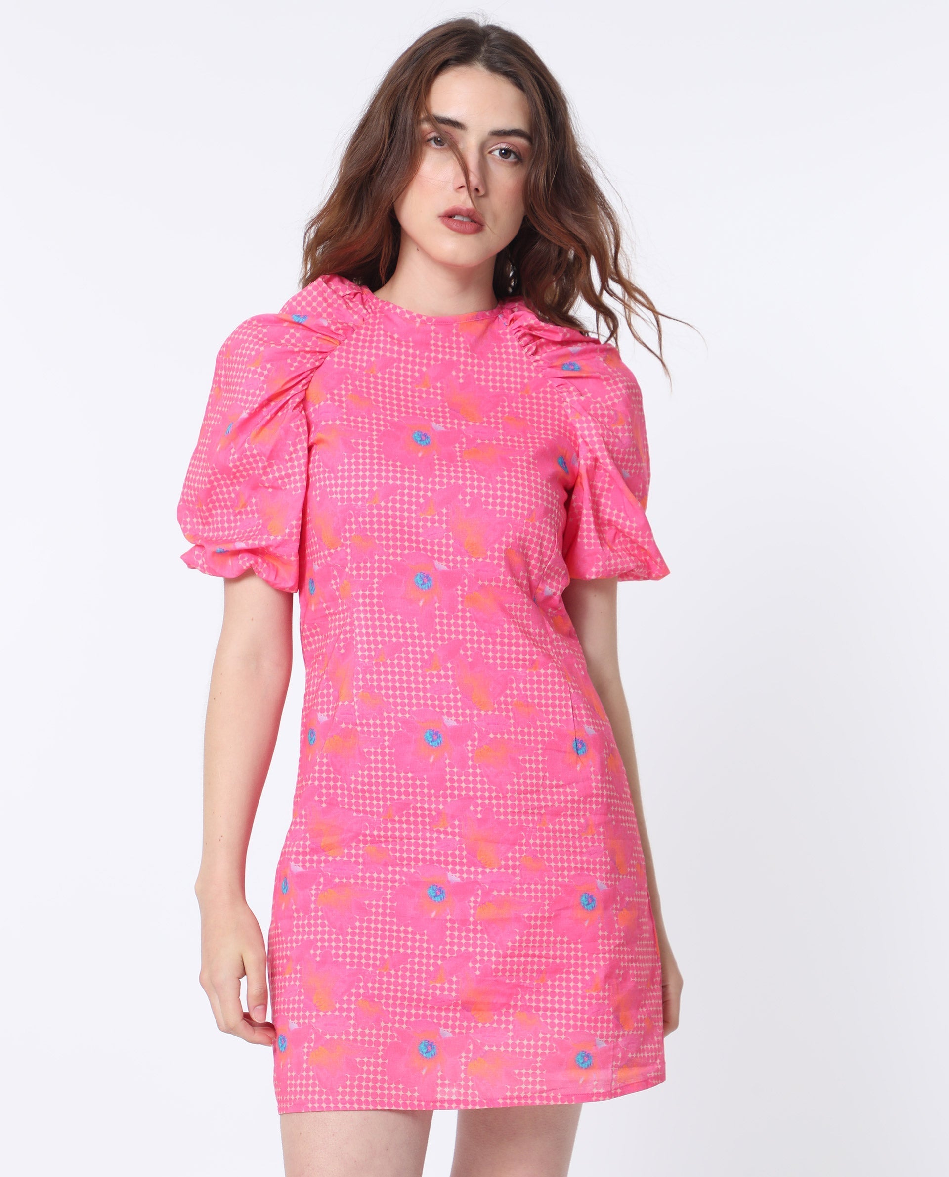 WOMEN'S CLARK FLOUROSCENT PINK DRESS COTTON FABRIC PRINTED