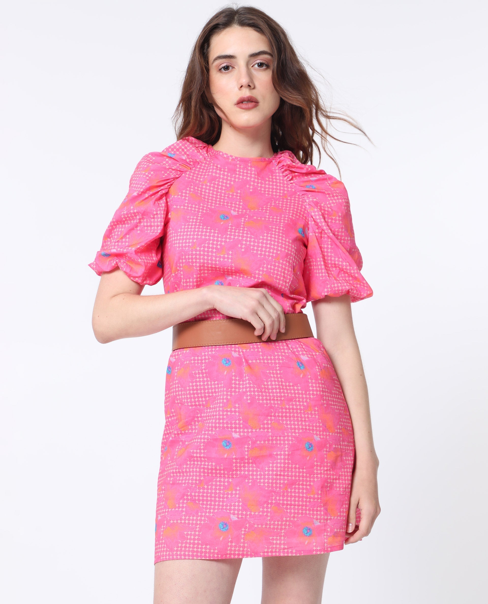 WOMEN'S CLARK FLOUROSCENT PINK DRESS COTTON FABRIC PRINTED