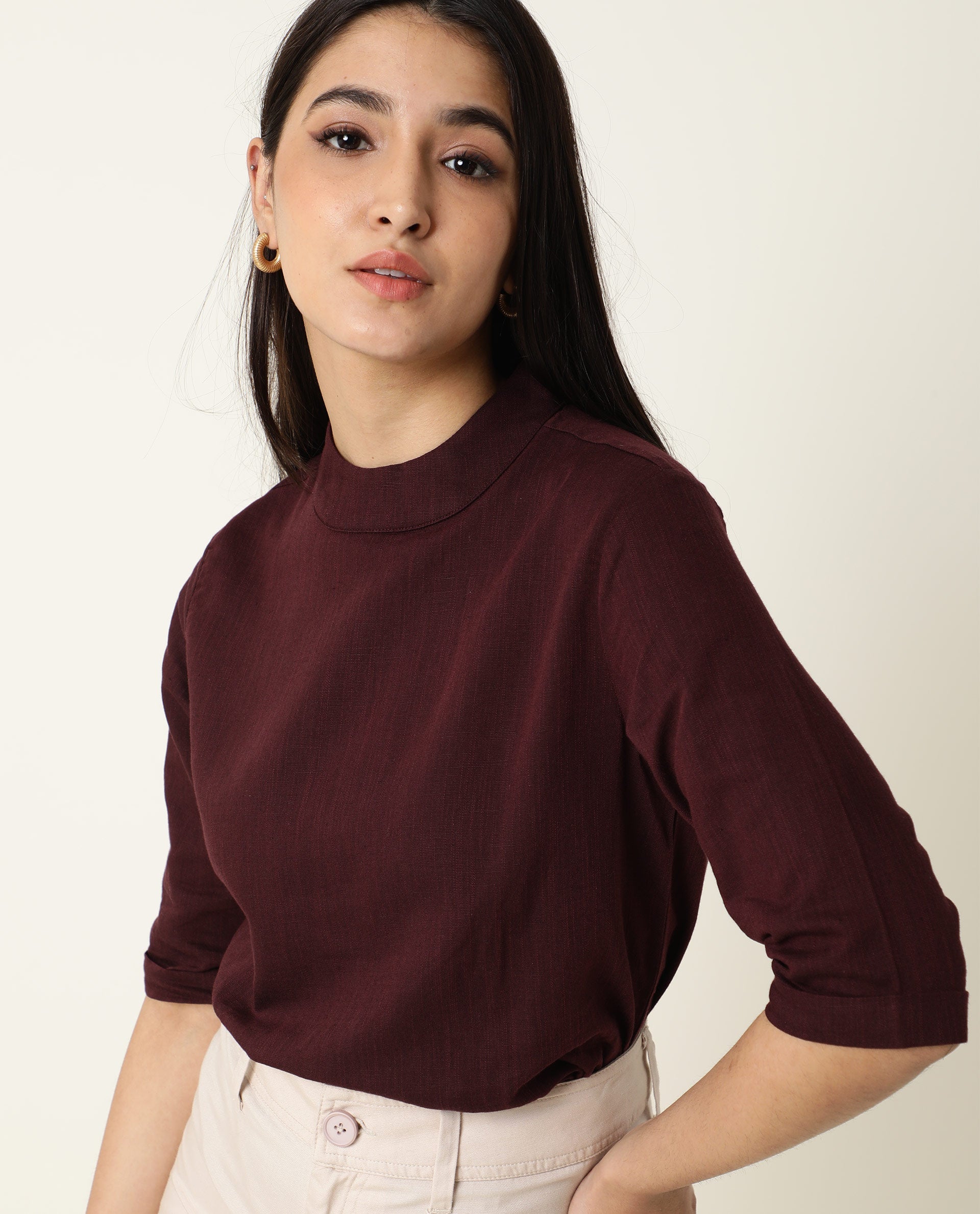 WOMENS ELEANOR MAROON TOP Cotton Linen FABRIC Regular FIT Full Sleeve High Neck