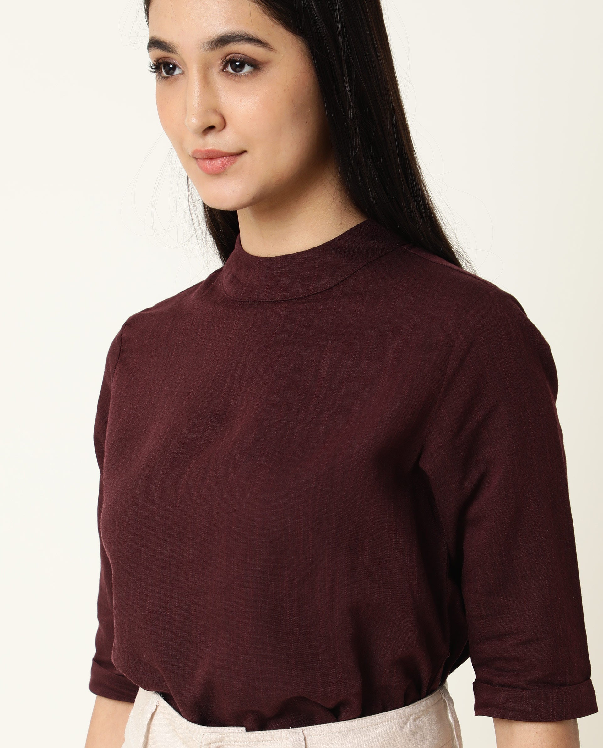 WOMENS ELEANOR MAROON TOP Cotton Linen FABRIC Regular FIT Full Sleeve High Neck