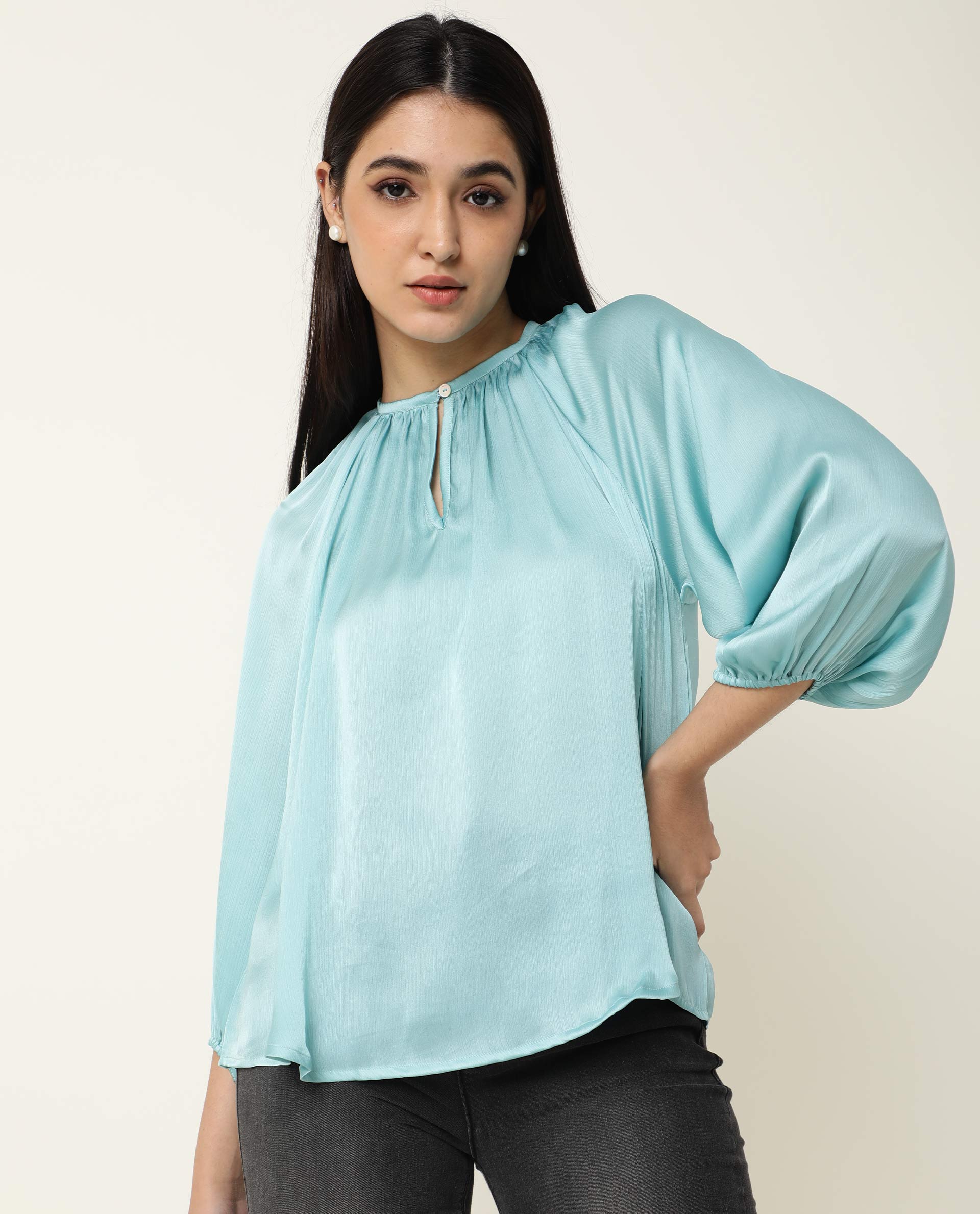 WOMENS FALL BLUE TOP Polyester FABRIC Regular FIT Balloon Sleeve Round Neck