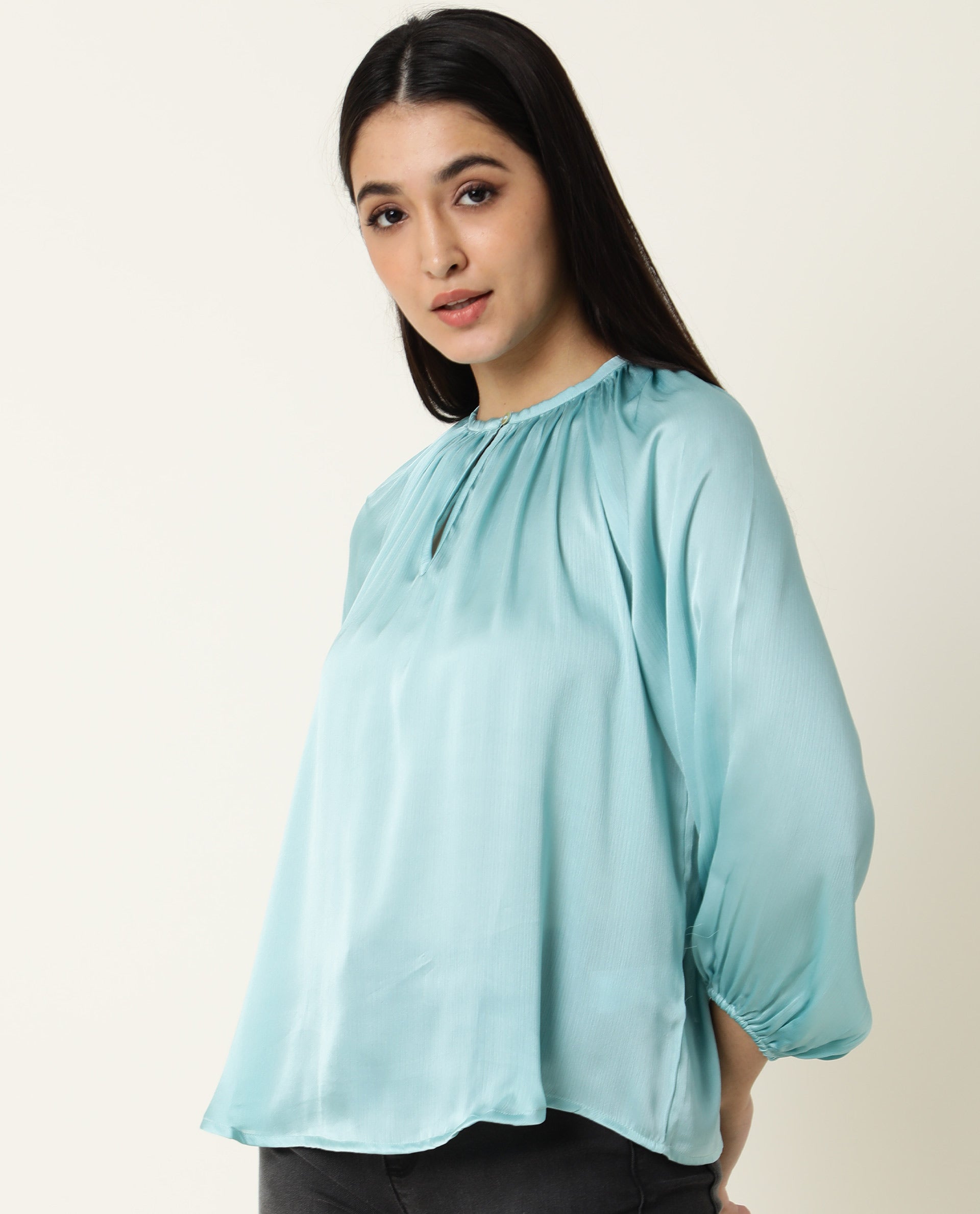 WOMENS FALL BLUE TOP Polyester FABRIC Regular FIT Balloon Sleeve Round Neck