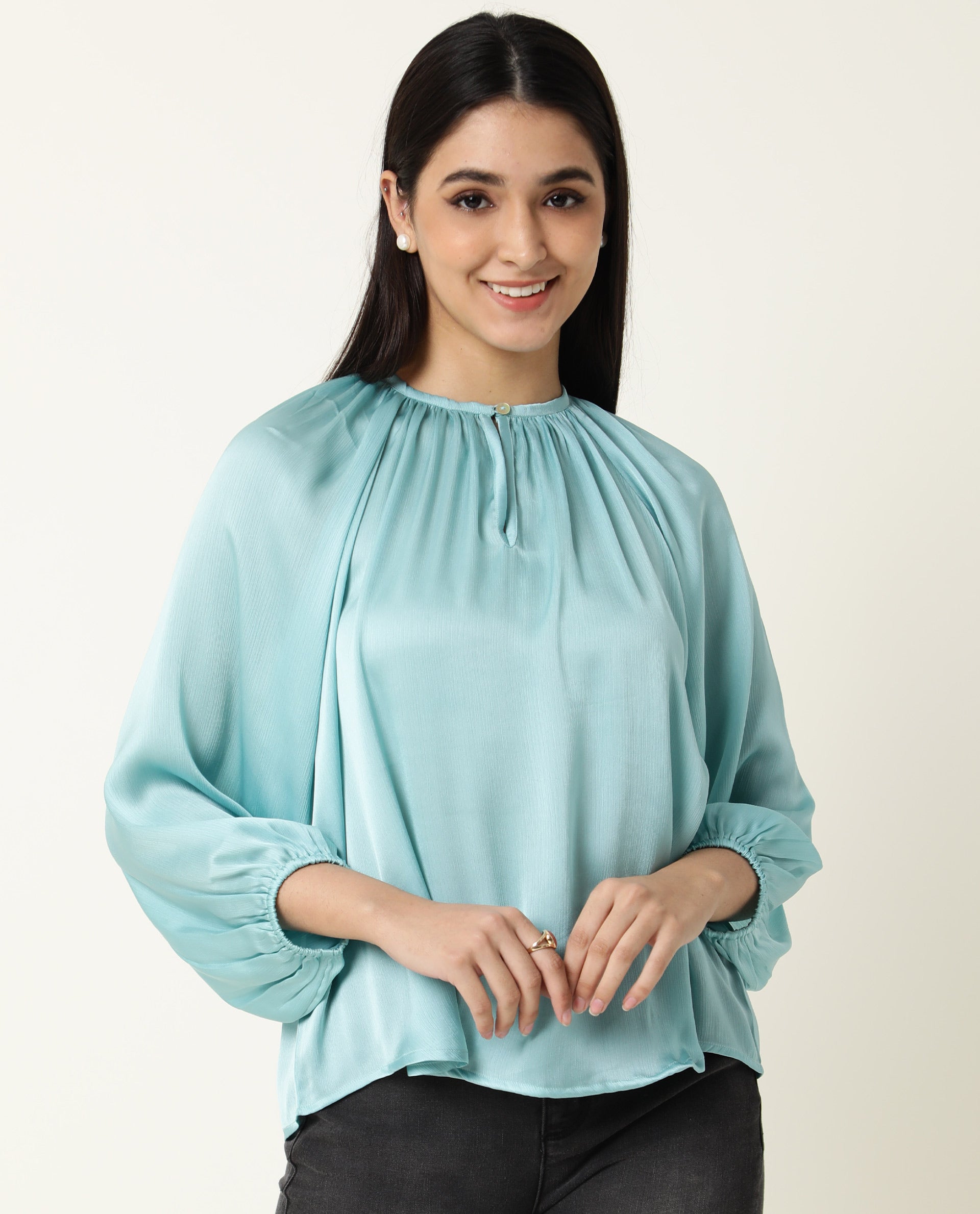 WOMENS FALL BLUE TOP Polyester FABRIC Regular FIT Balloon Sleeve Round Neck