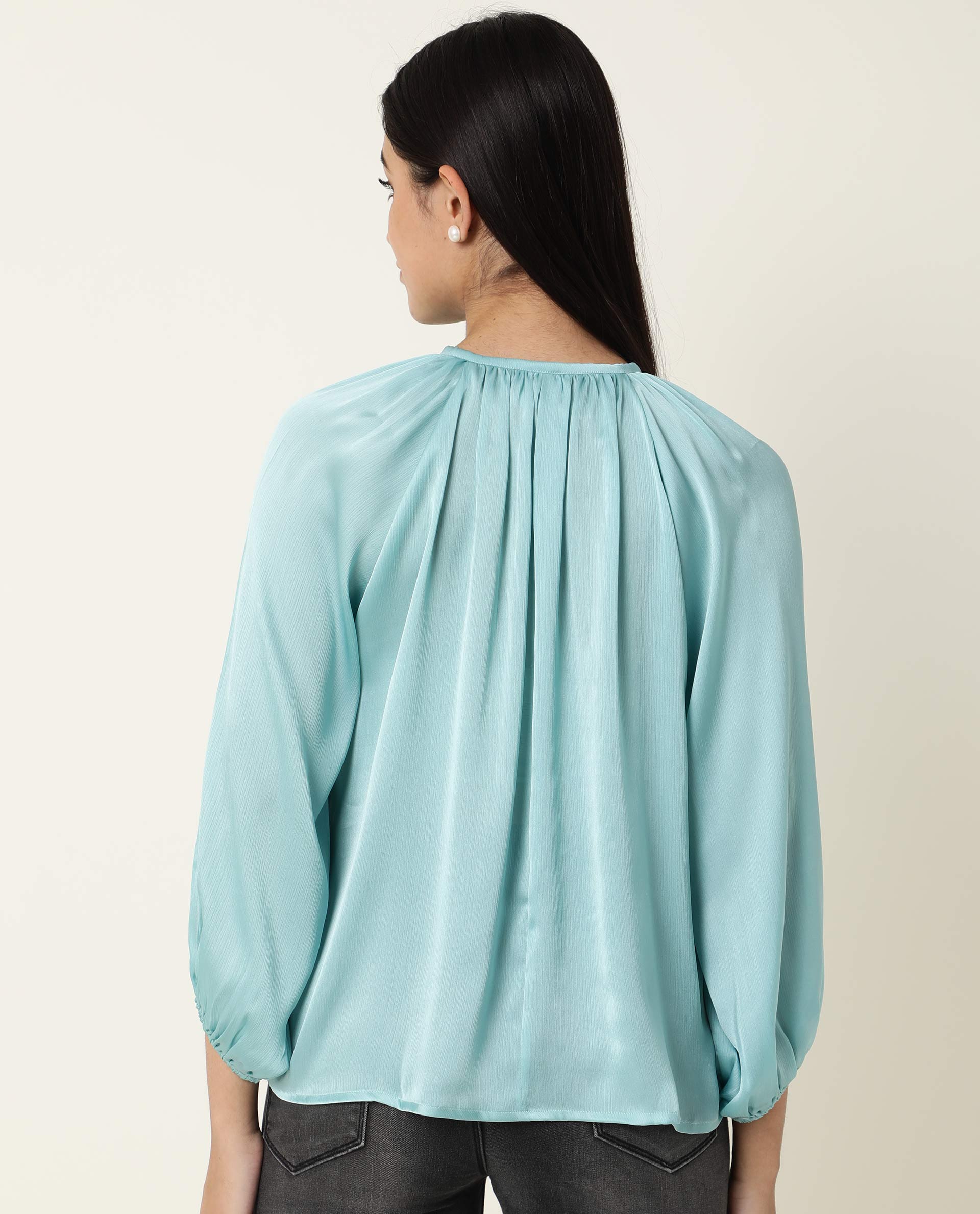 WOMENS FALL BLUE TOP Polyester FABRIC Regular FIT Balloon Sleeve Round Neck