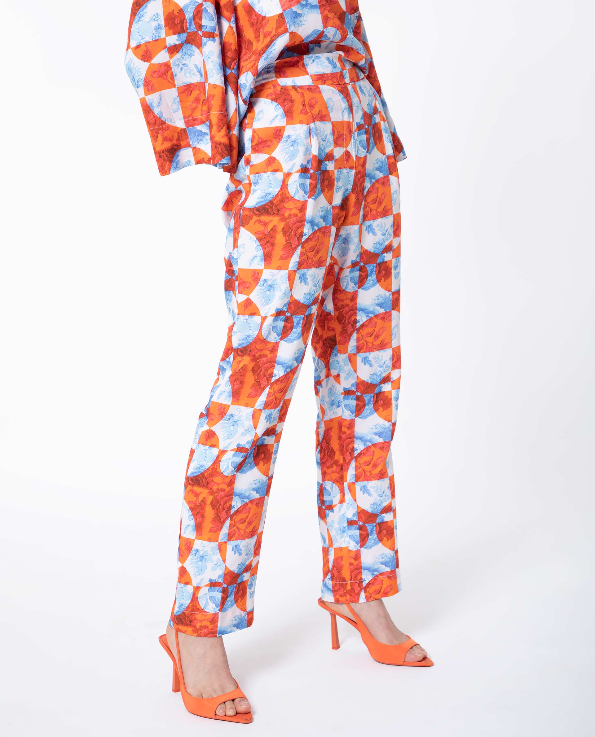 WOMEN'S GRAY ORANGE TROUSER VISCOSE FABRIC PRINTED