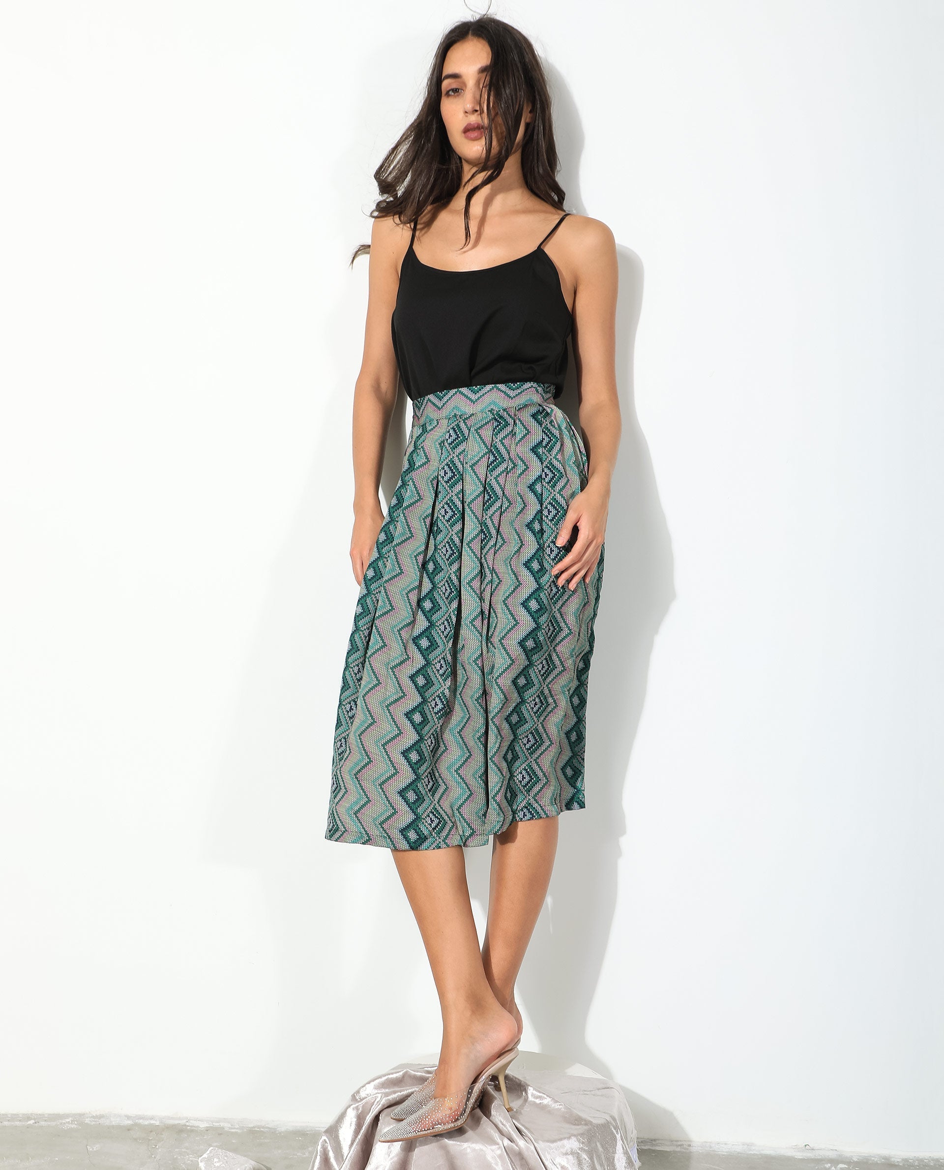 WOMEN'S ARABELLA GREEN SKIRT POLYESTER FABRIC HIGH RISE PRINT