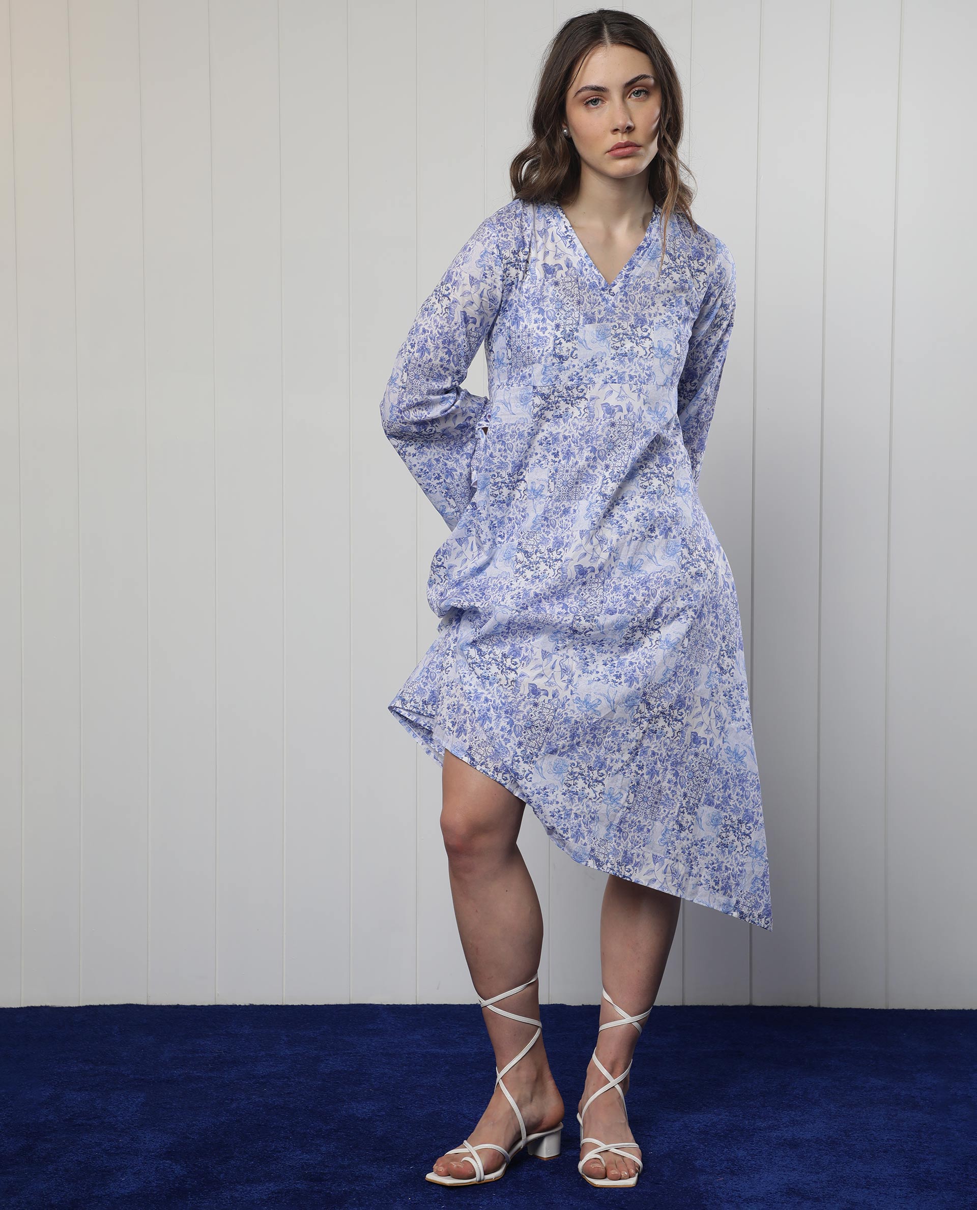 WOMEN'S CHERISH BLUE DRESS COTTON FABRIC FULL SLEEVES PRINT