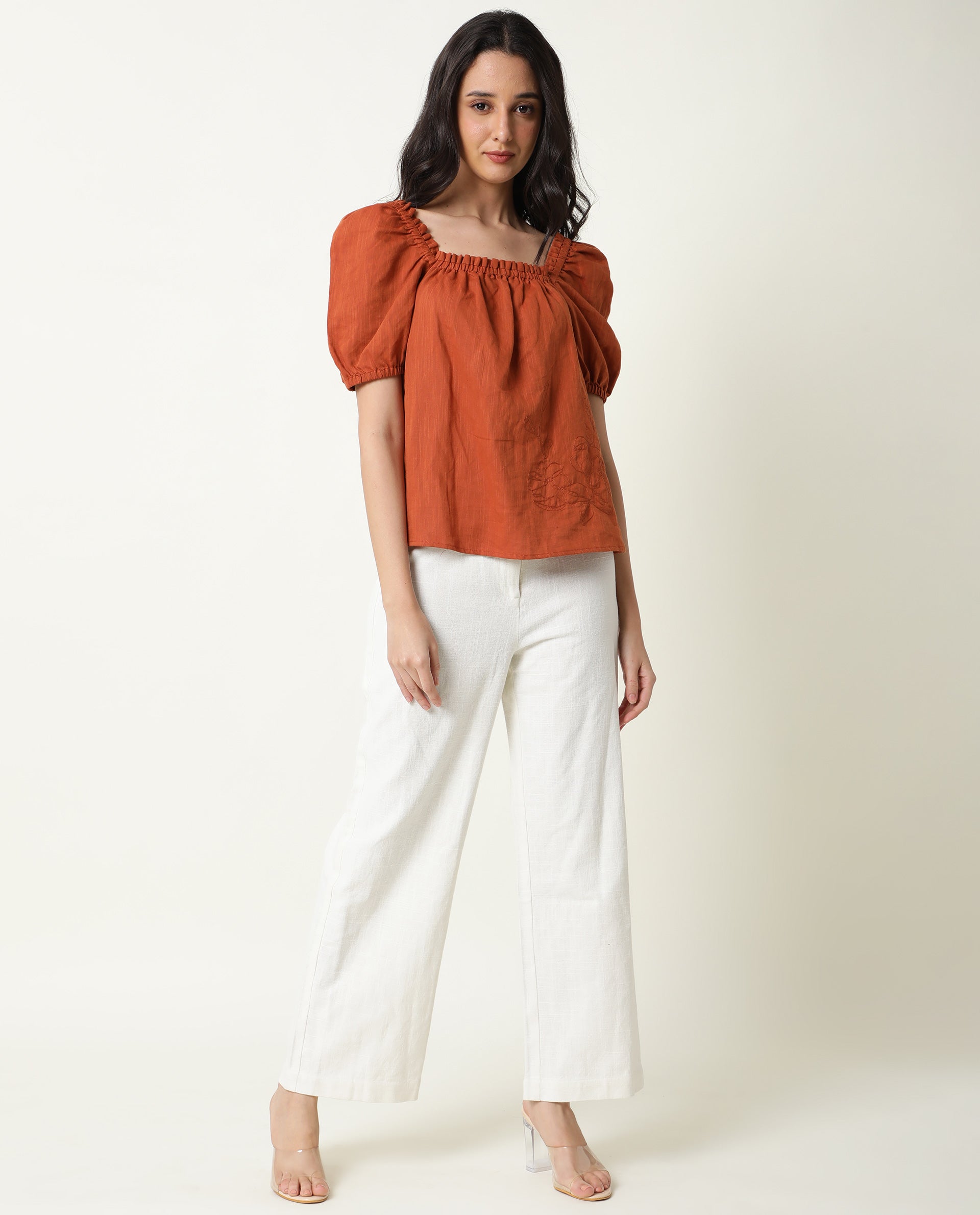 WOMENS GAMORA RUST TOP Cotton Linen FABRIC Loose FIT Puff Sleeves Square Neck