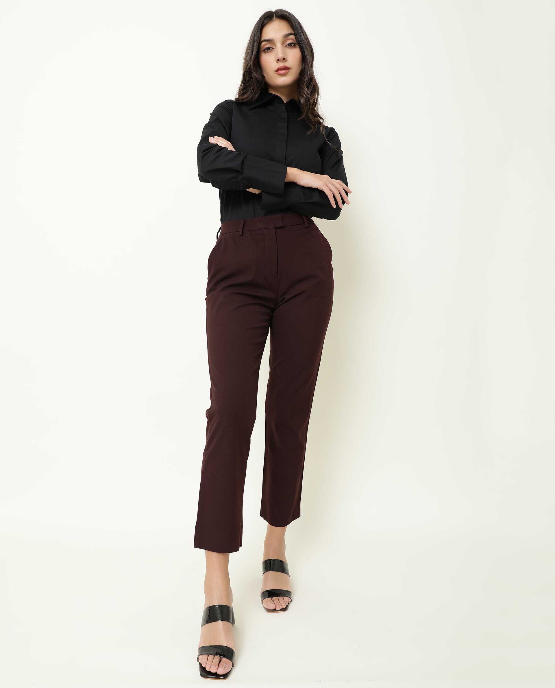 WOMENS YARD MAROON TROUSER Polycotton Lycra FABRIC Fitted FIT Button CLOSURE High Rise WAIST RISE Ankle Length