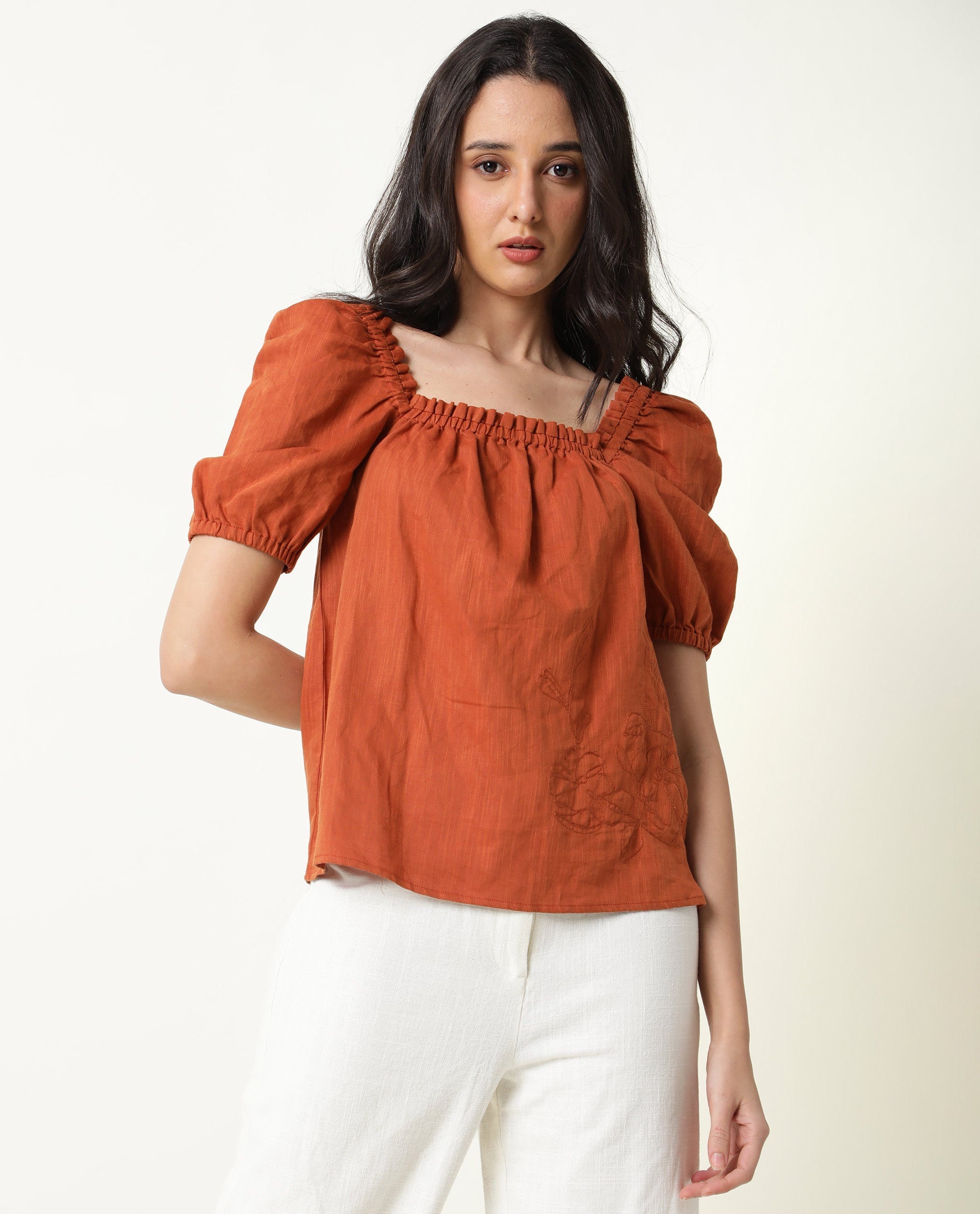 WOMENS GAMORA RUST TOP Cotton Linen FABRIC Loose FIT Puff Sleeves Square Neck