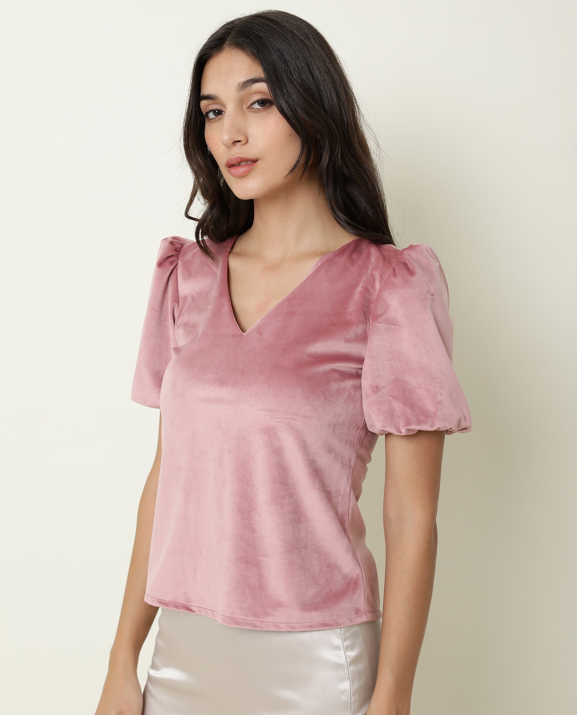 WOMENS MUN PINK TOP Suede FABRIC  Half Sleeve V Neck