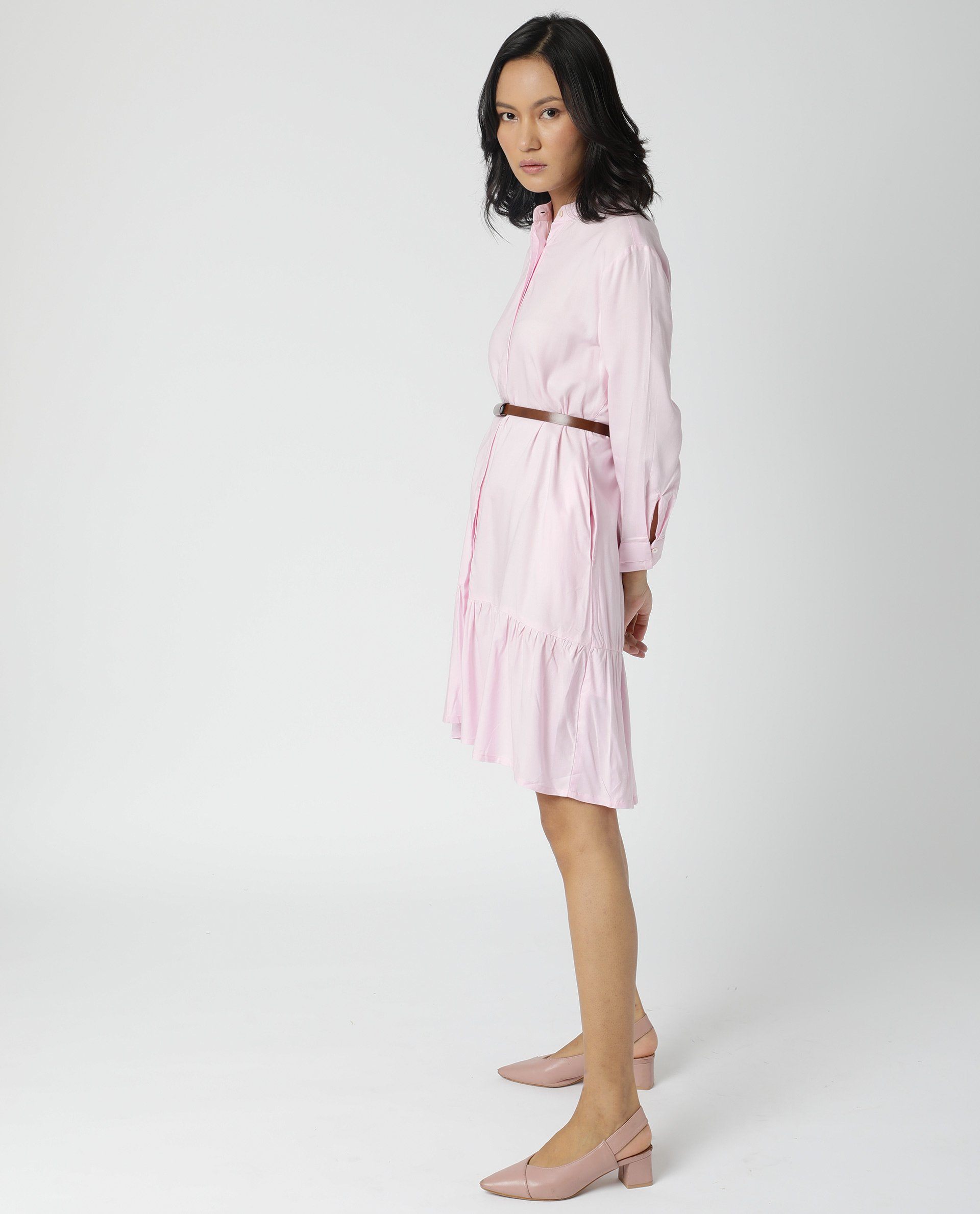 WOMENS INSERT PINK DRESS BOXY FIT HALF SLEEVE COLLAR NECK A LINE DRESS