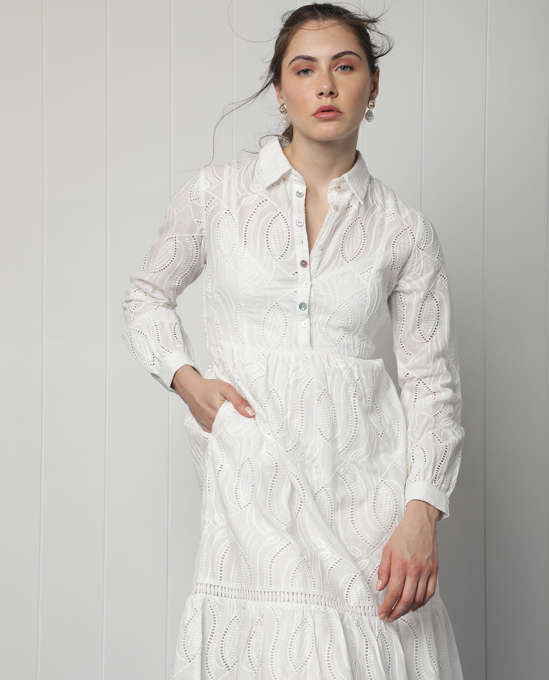 WOMEN'S DARCY WHITE DRESS COTTON FABRIC FULL SLEEVES SOLID