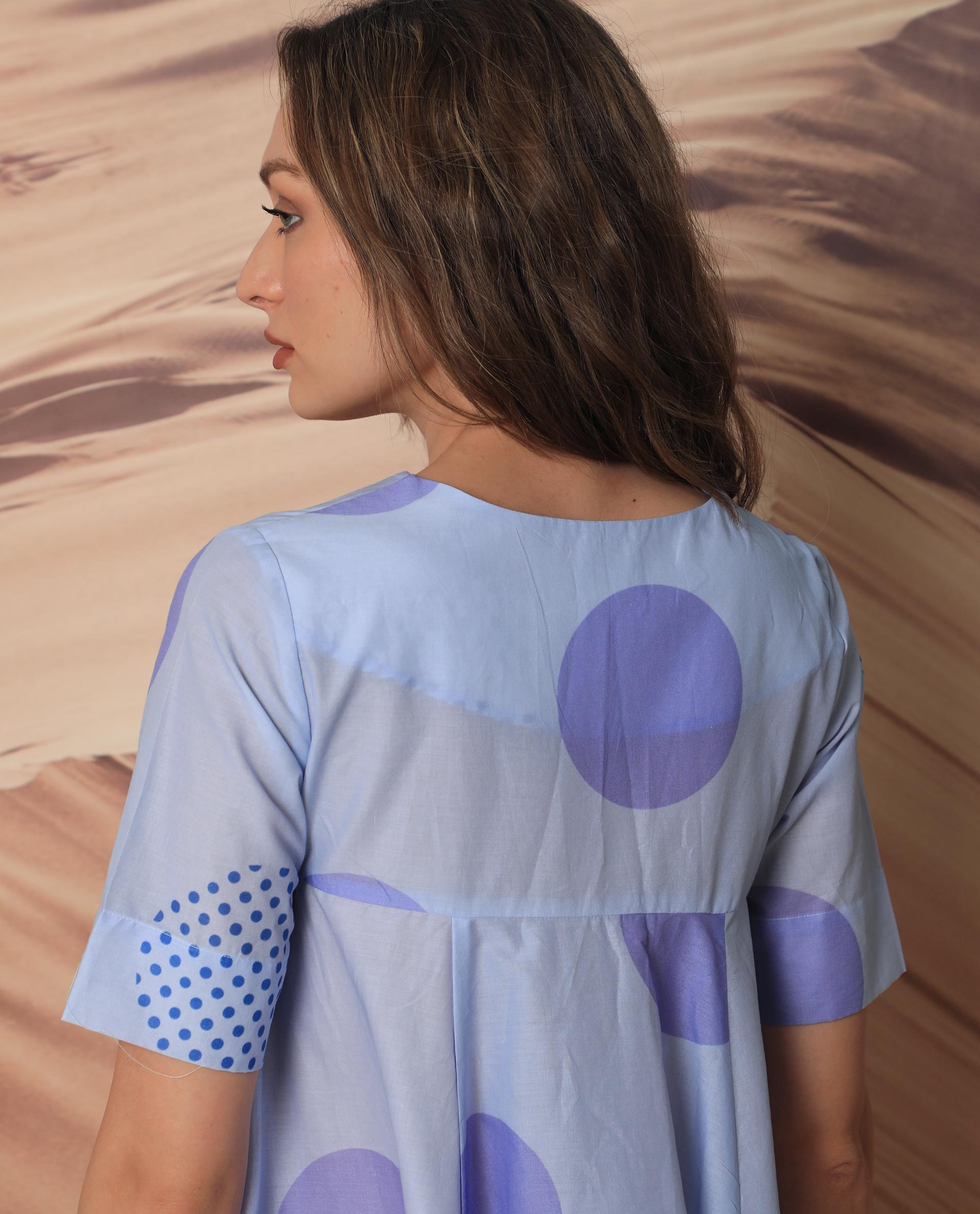 WOMEN'S COCO BLUE DRESS COTTON FABRIC SHORT SLEEVES PRINTED