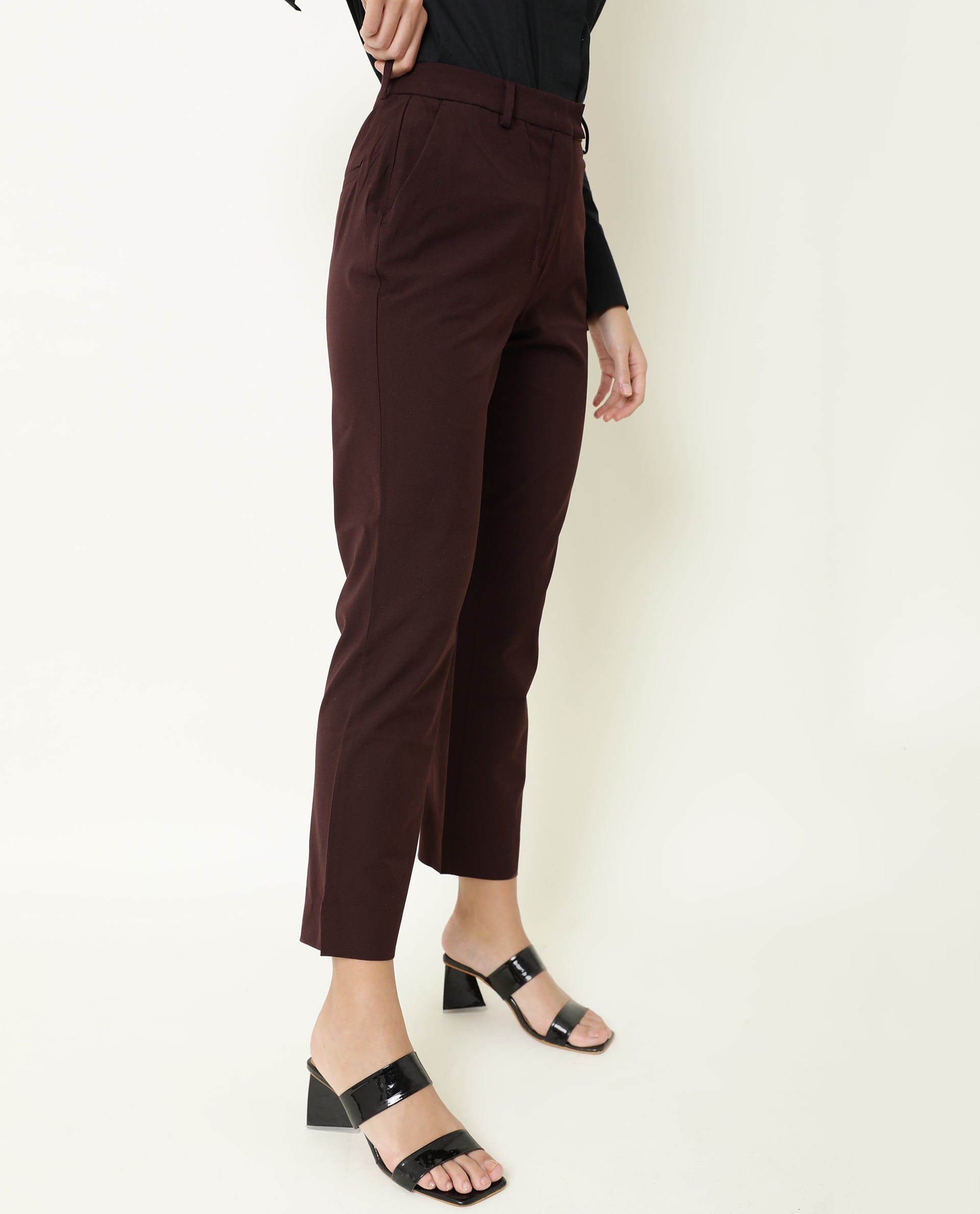 WOMENS YARD MAROON TROUSER Polycotton Lycra FABRIC Fitted FIT Button CLOSURE High Rise WAIST RISE Ankle Length