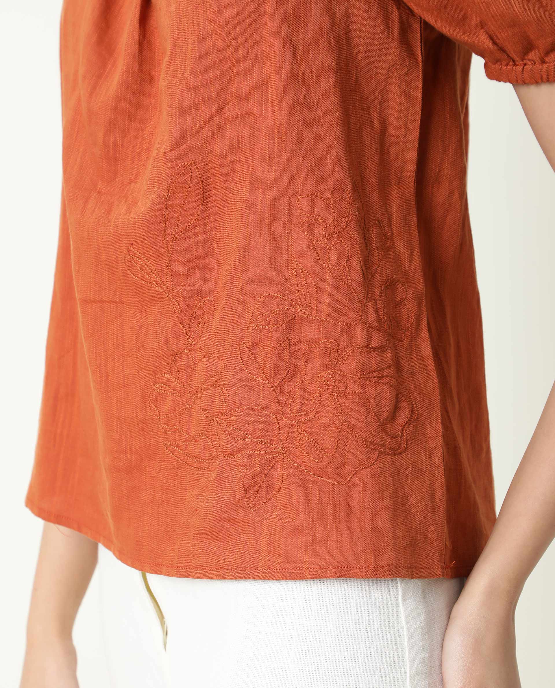 WOMENS GAMORA RUST TOP Cotton Linen FABRIC Loose FIT Puff Sleeves Square Neck