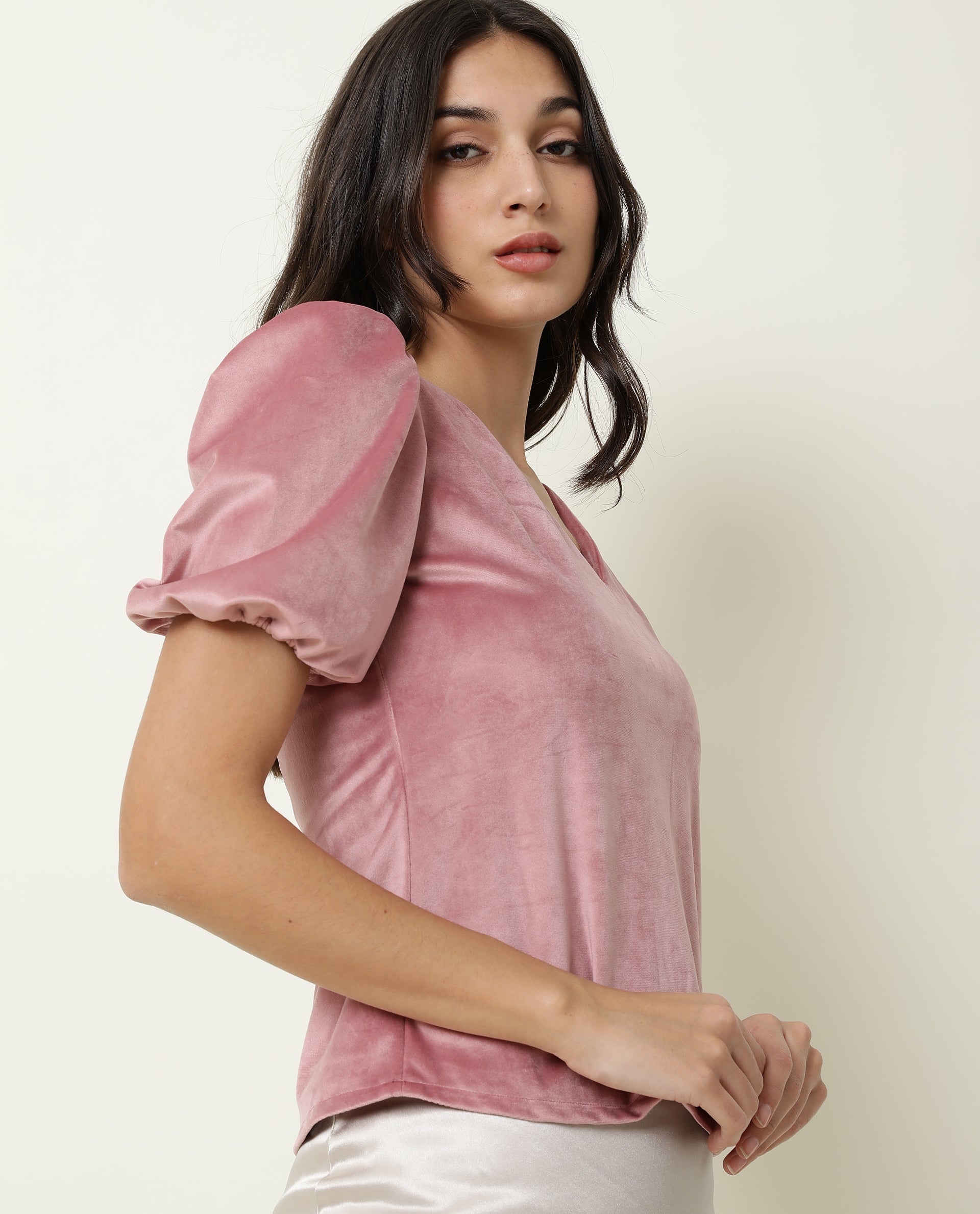 WOMENS MUN PINK TOP Suede FABRIC  Half Sleeve V Neck