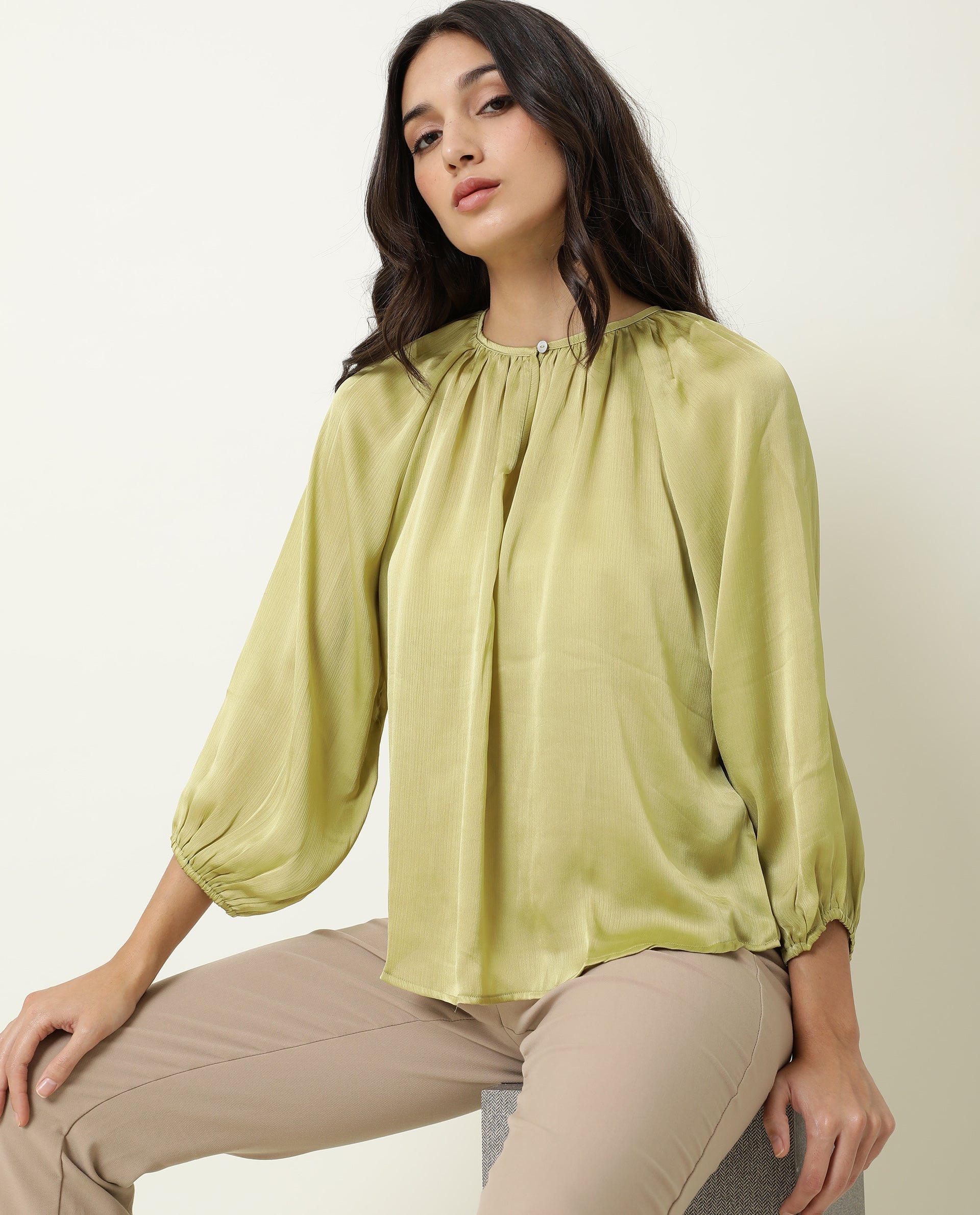 WOMENS FALL GREEN TOP Polyester FABRIC  Full Sleeve Boat Neck