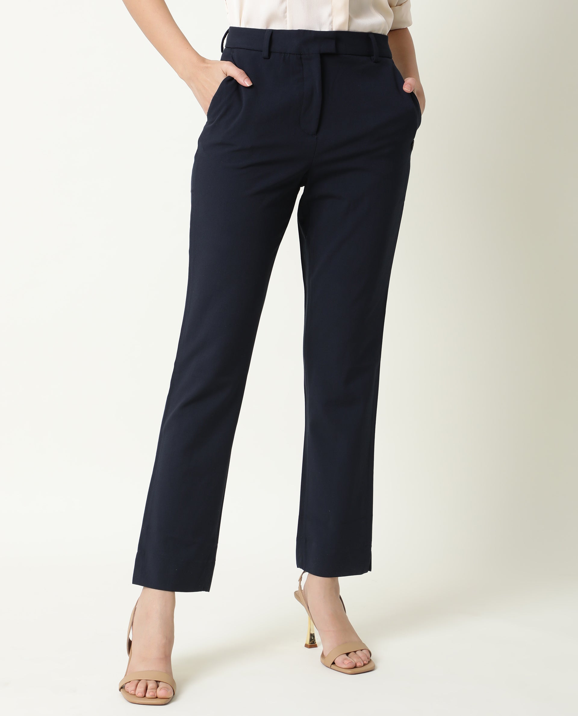 WOMENS YARD NAVY TROUSER Polycotton Lycra FABRIC Fitted FIT Button CLOSURE High Rise WAIST RISE Ankle Length