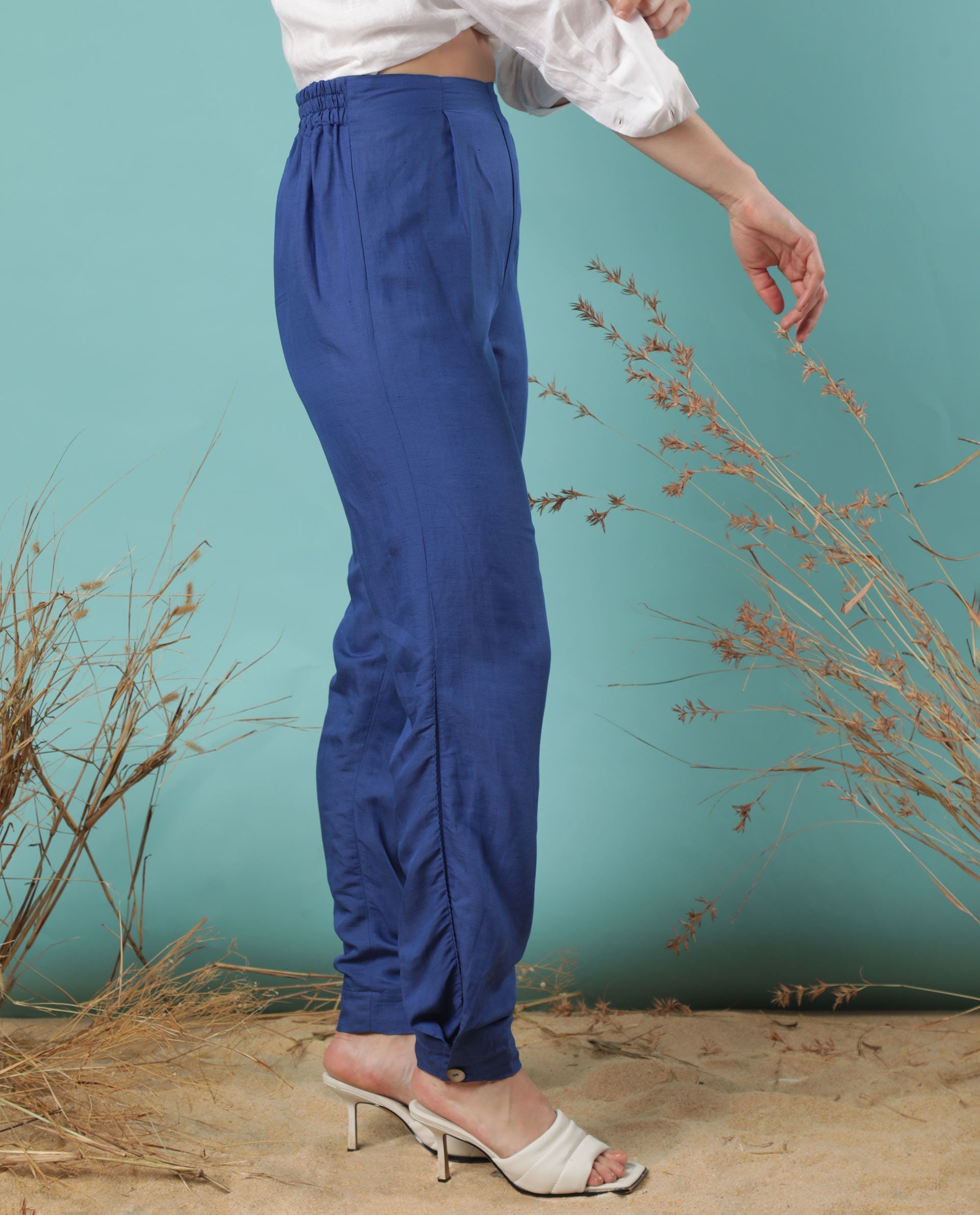 WOMEN'S ERIN BLUE TROUSERS MODAL LINEN FABRIC SOLID