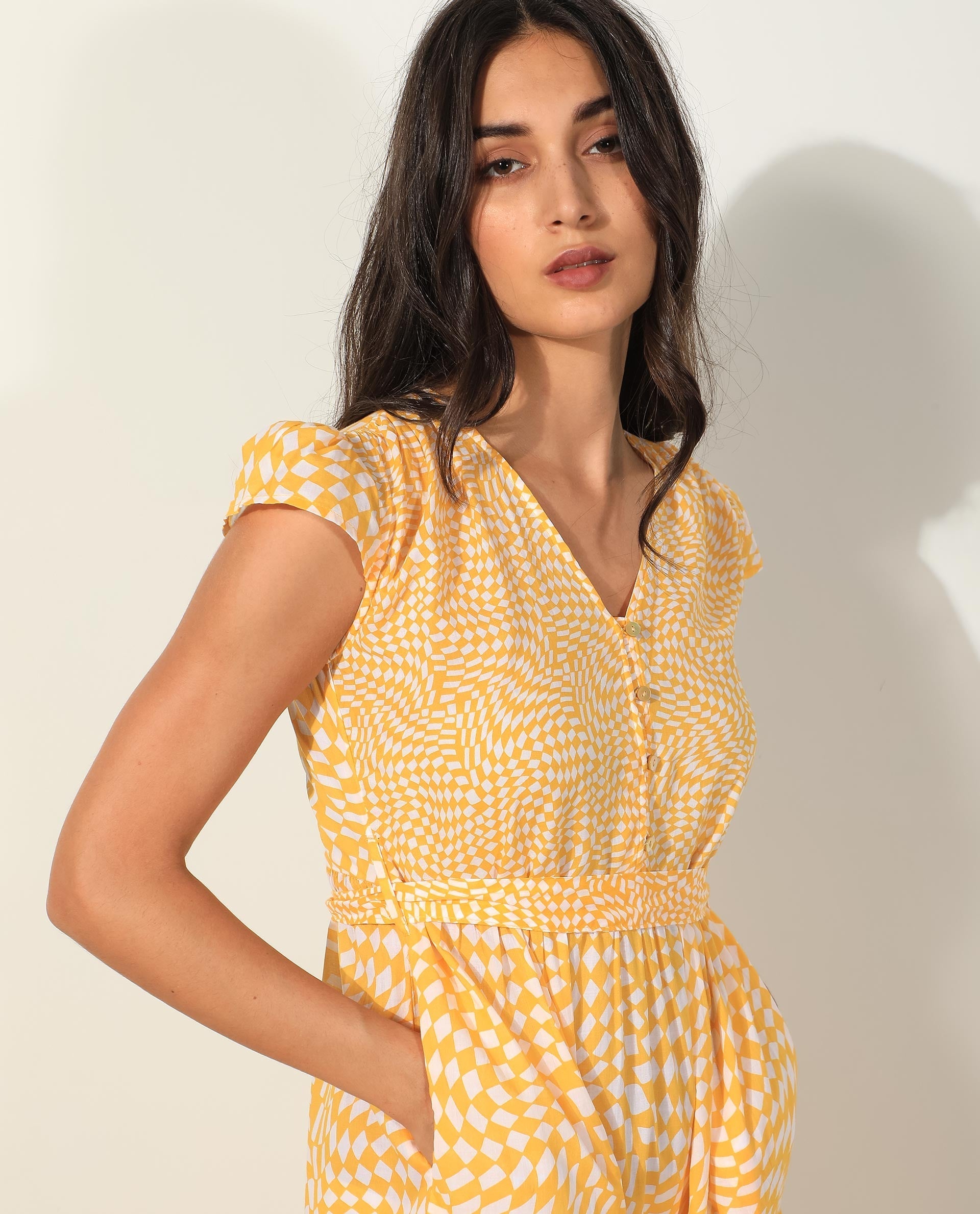 WOMEN'S WHITNEY YELLOW DRESS  COTTON FABRIC V-NECK PRINTED