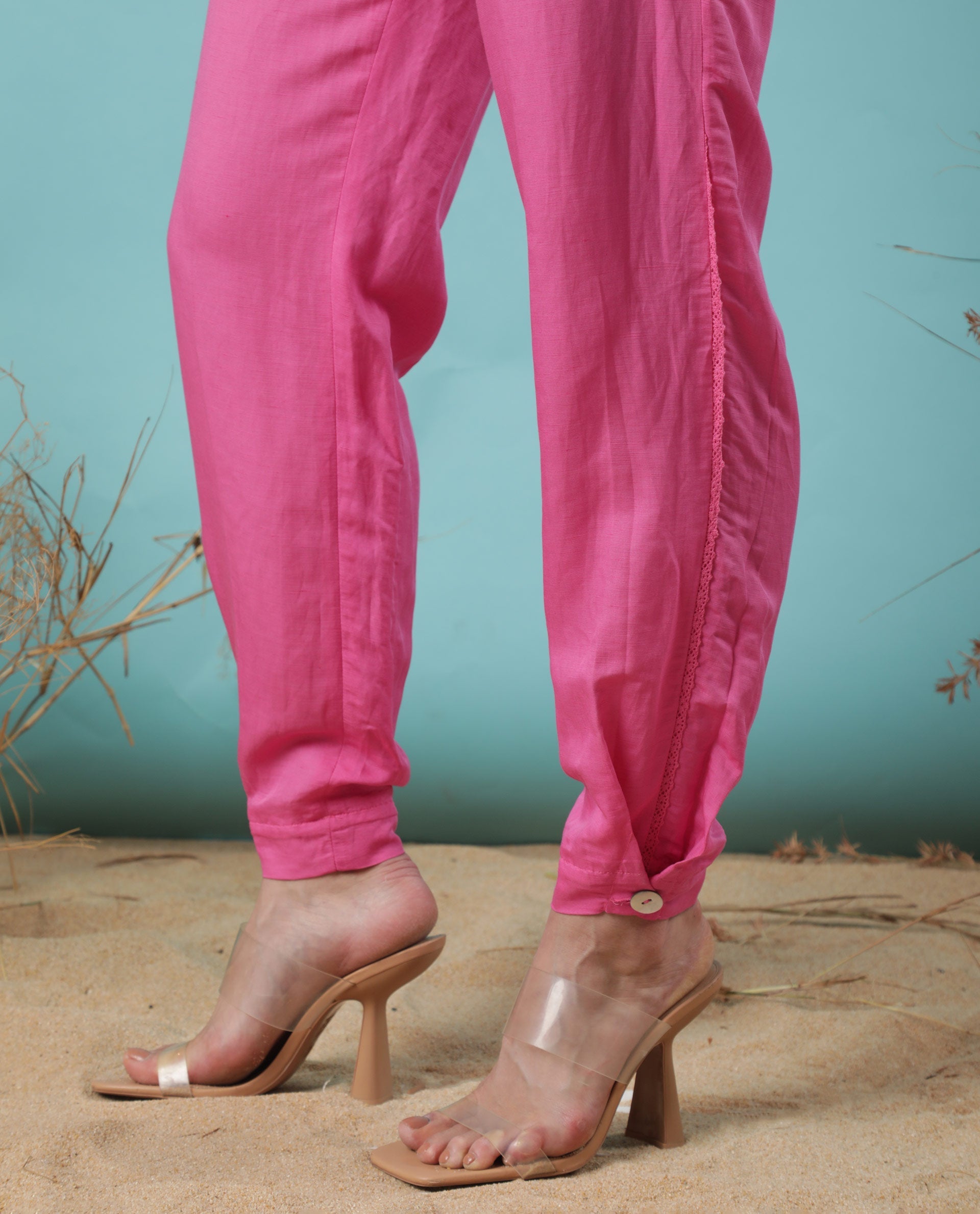 WOMEN'S ERIN PINK TROUSER MODAL LINEN FABRIC MID RISE WAIST SOLID