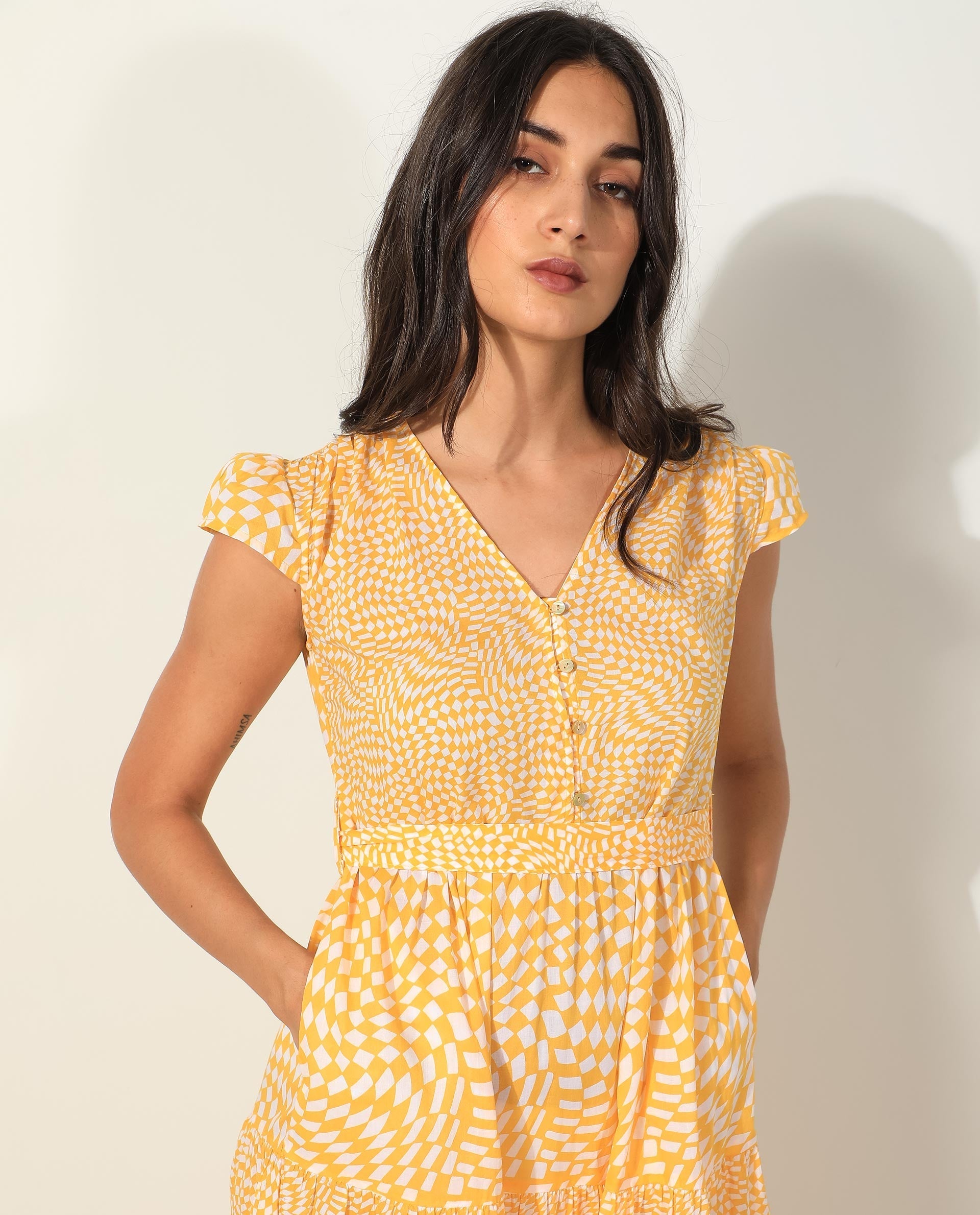 WOMEN'S WHITNEY YELLOW DRESS  COTTON FABRIC V-NECK PRINTED