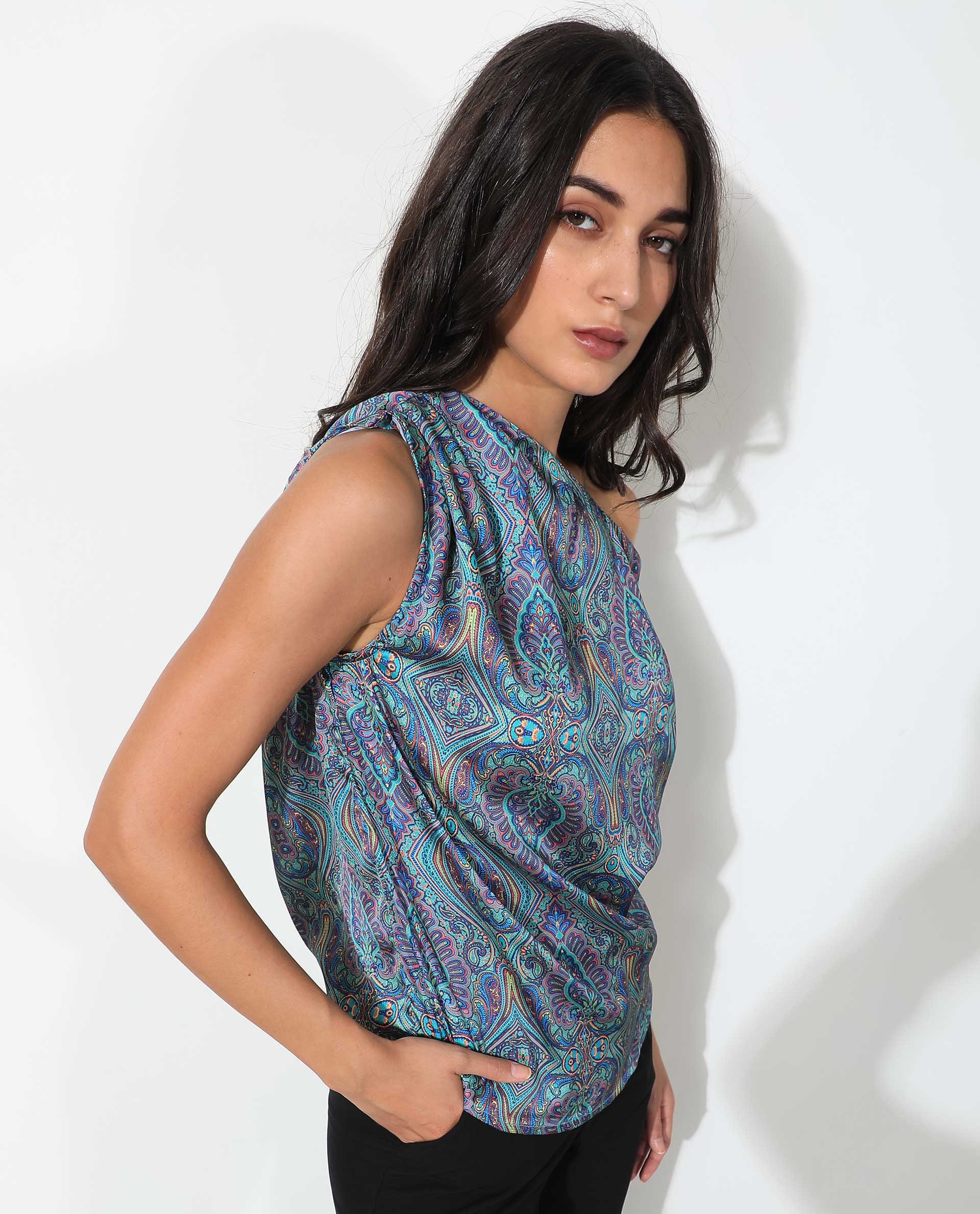 WOMEN'S SYDNEY BLUE TOP  POLYESTER FABRIC OFF SHOULDER PRINTED