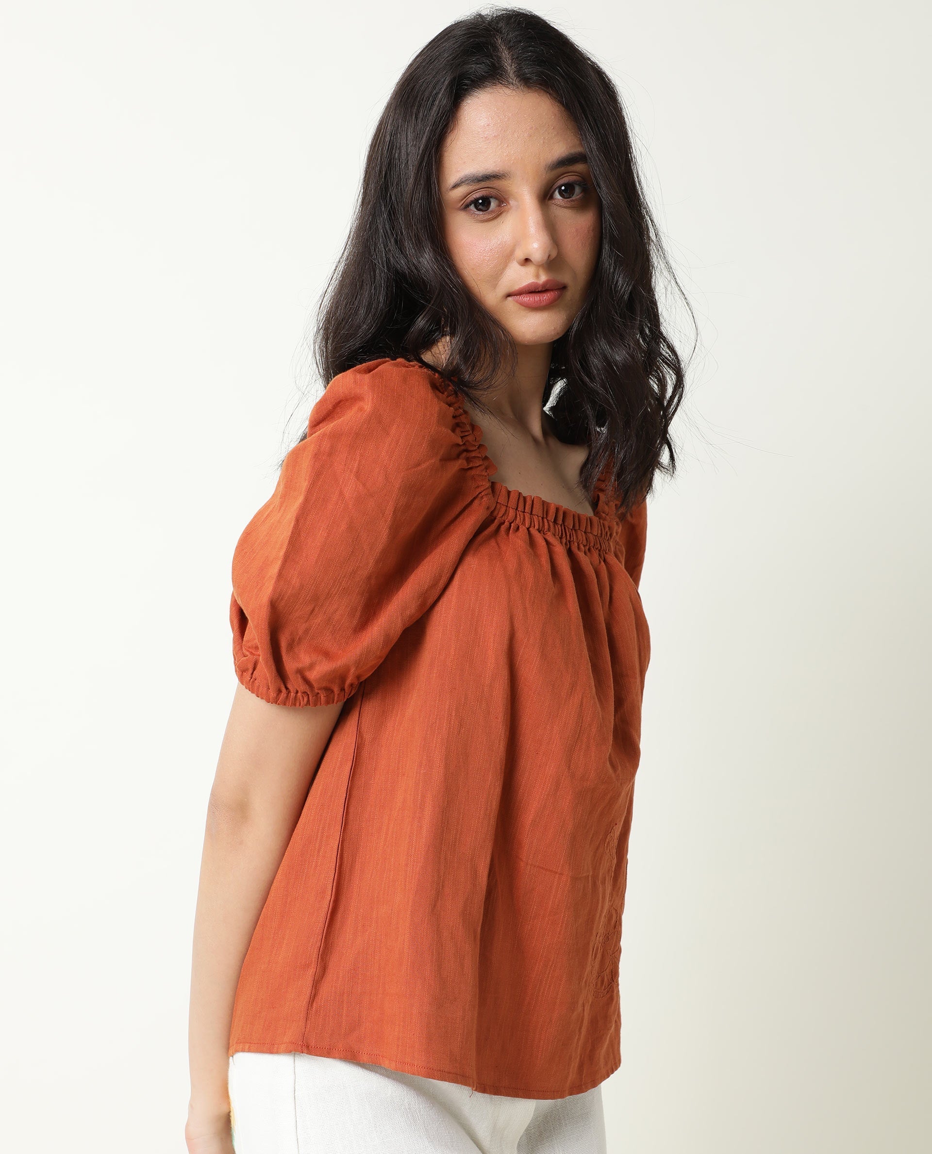 WOMENS GAMORA RUST TOP Cotton Linen FABRIC Loose FIT Puff Sleeves Square Neck