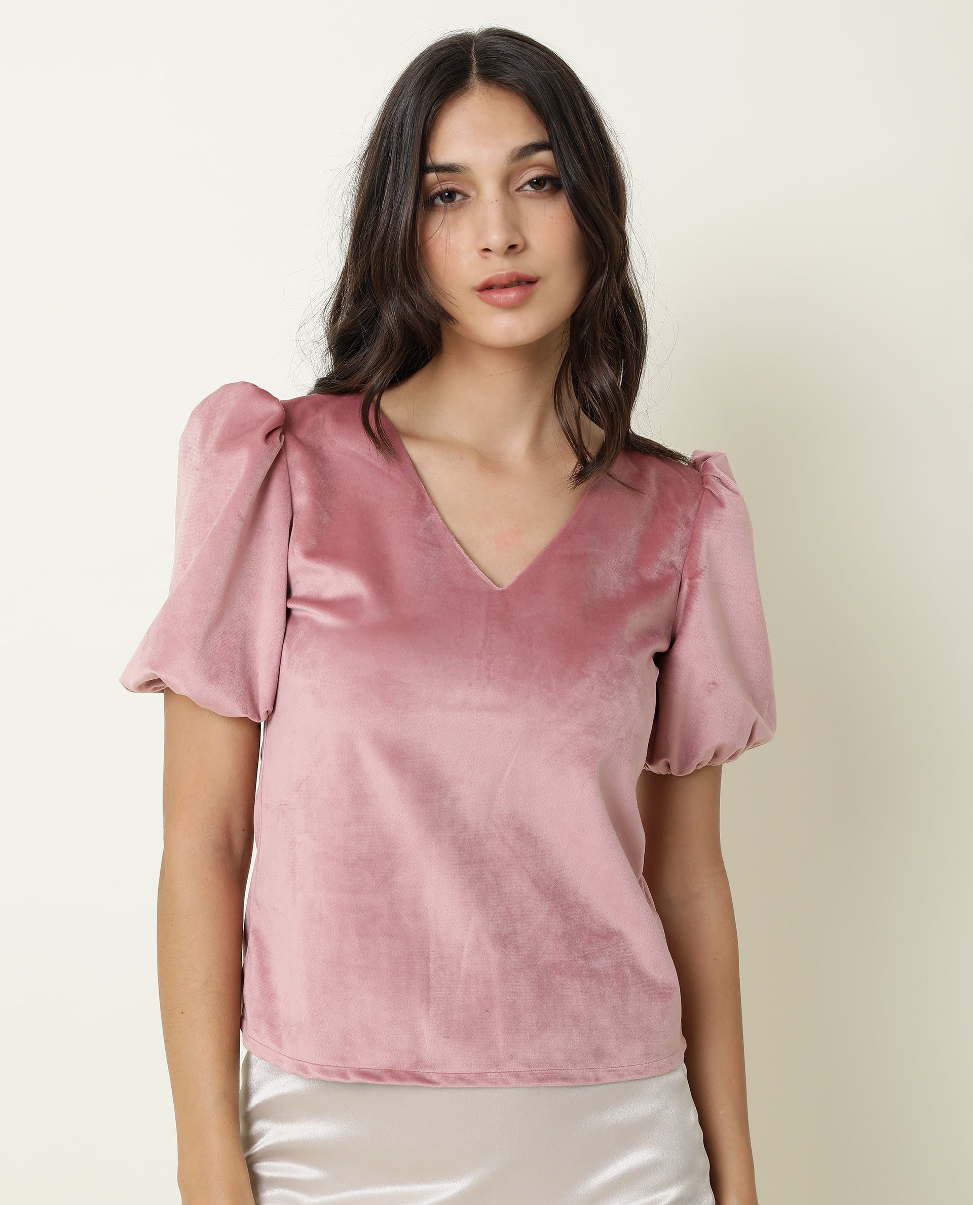 WOMENS MUN PINK TOP Suede FABRIC  Half Sleeve V Neck