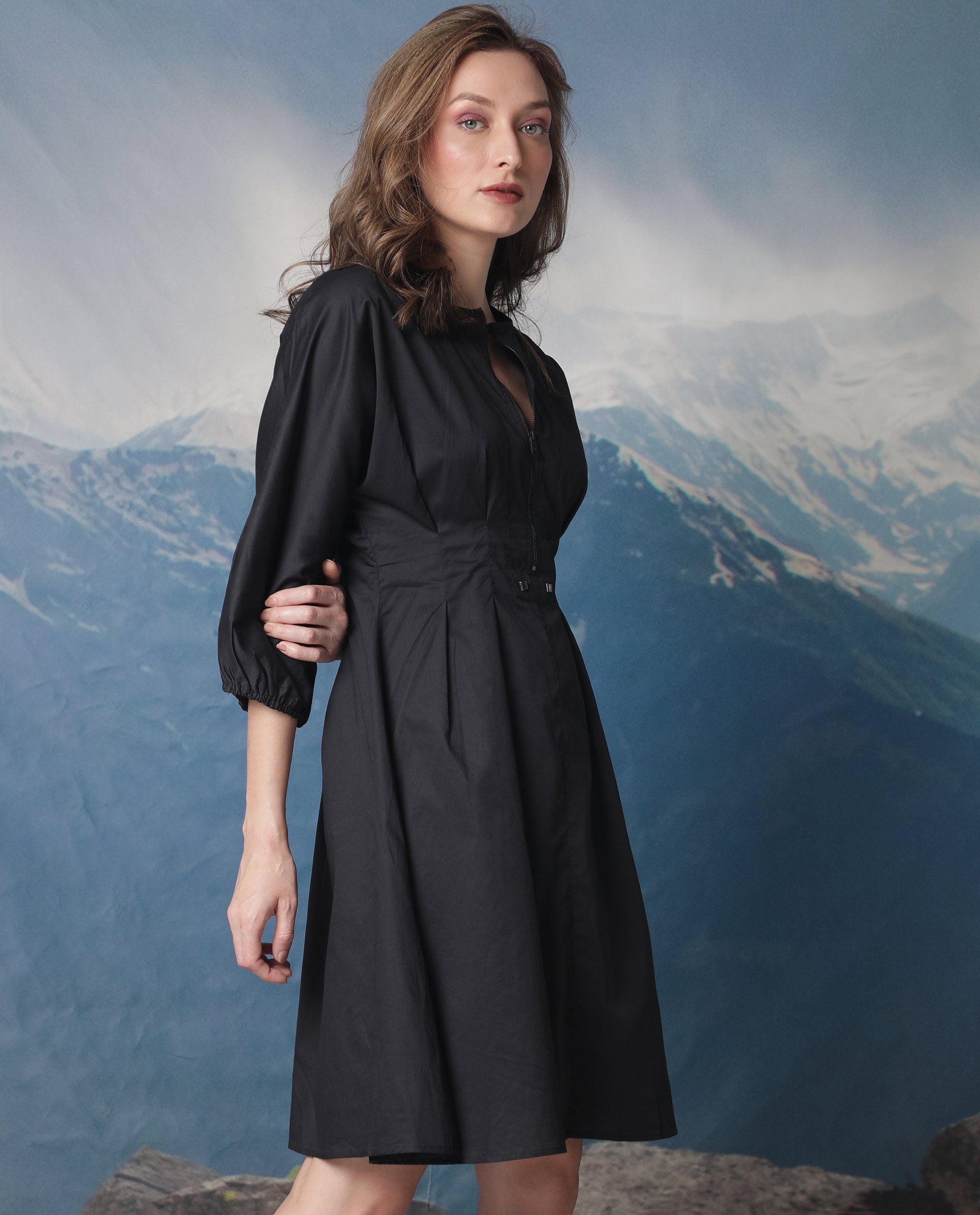 WOMEN'S MAYEM BLACK DRESS COTTON FABRIC FULL SLEEVES SOLID