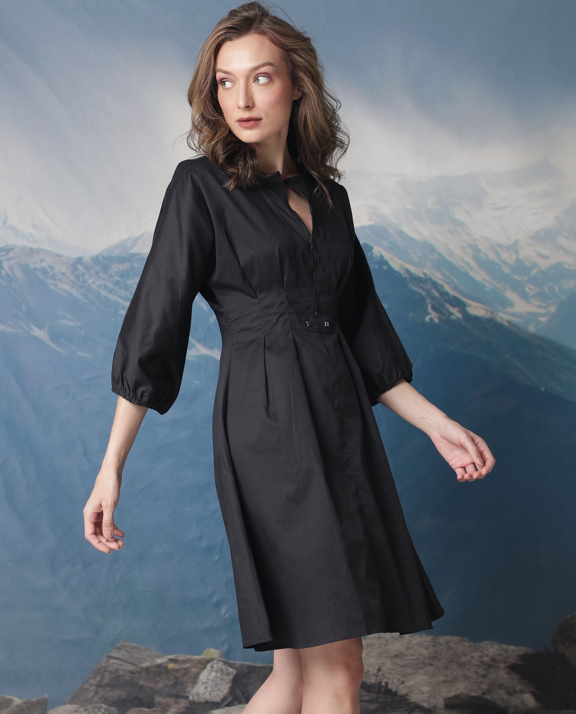 WOMEN'S MAYEM BLACK DRESS COTTON FABRIC FULL SLEEVES SOLID