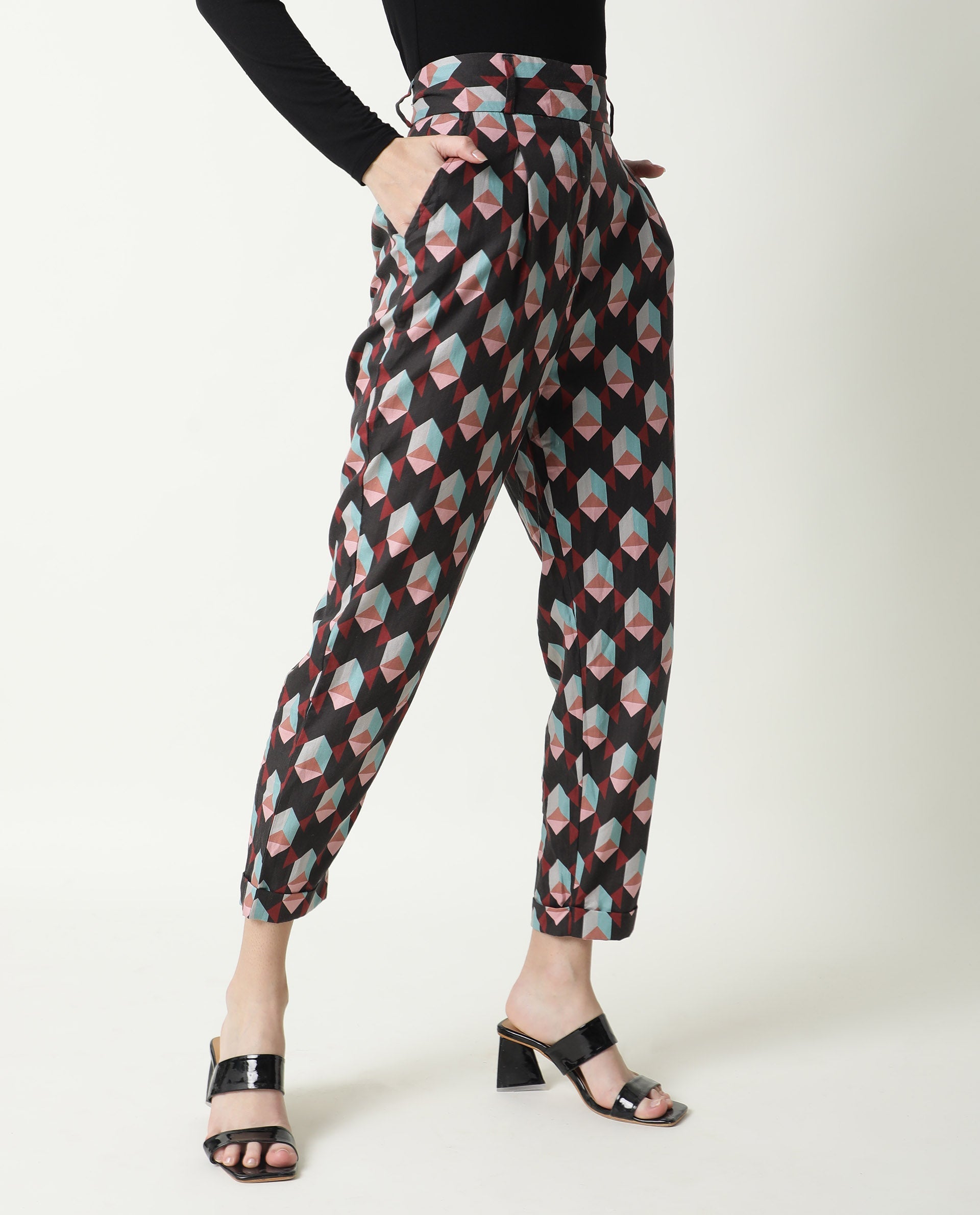 WOMEN'S KNICKS BLACK TROUSERS COTTON FABRIC ZIP CLOUSER PRINT