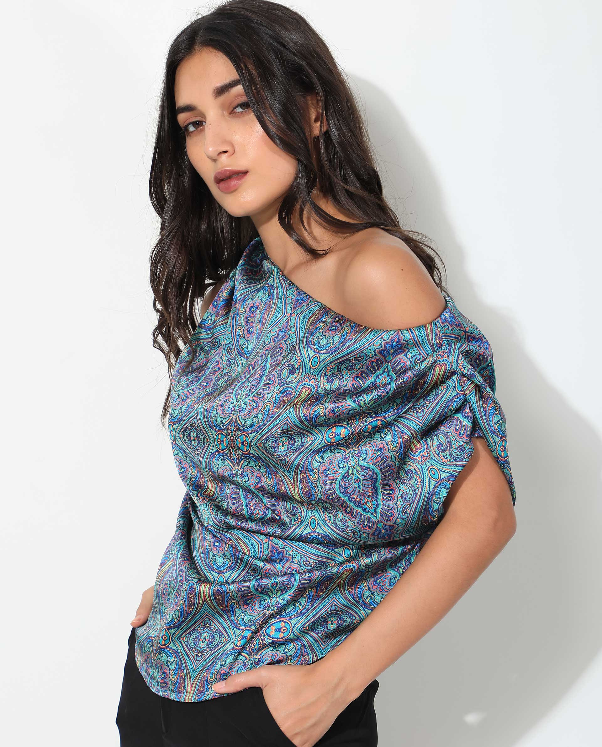 WOMEN'S SYDNEY BLUE TOP  POLYESTER FABRIC OFF SHOULDER PRINTED