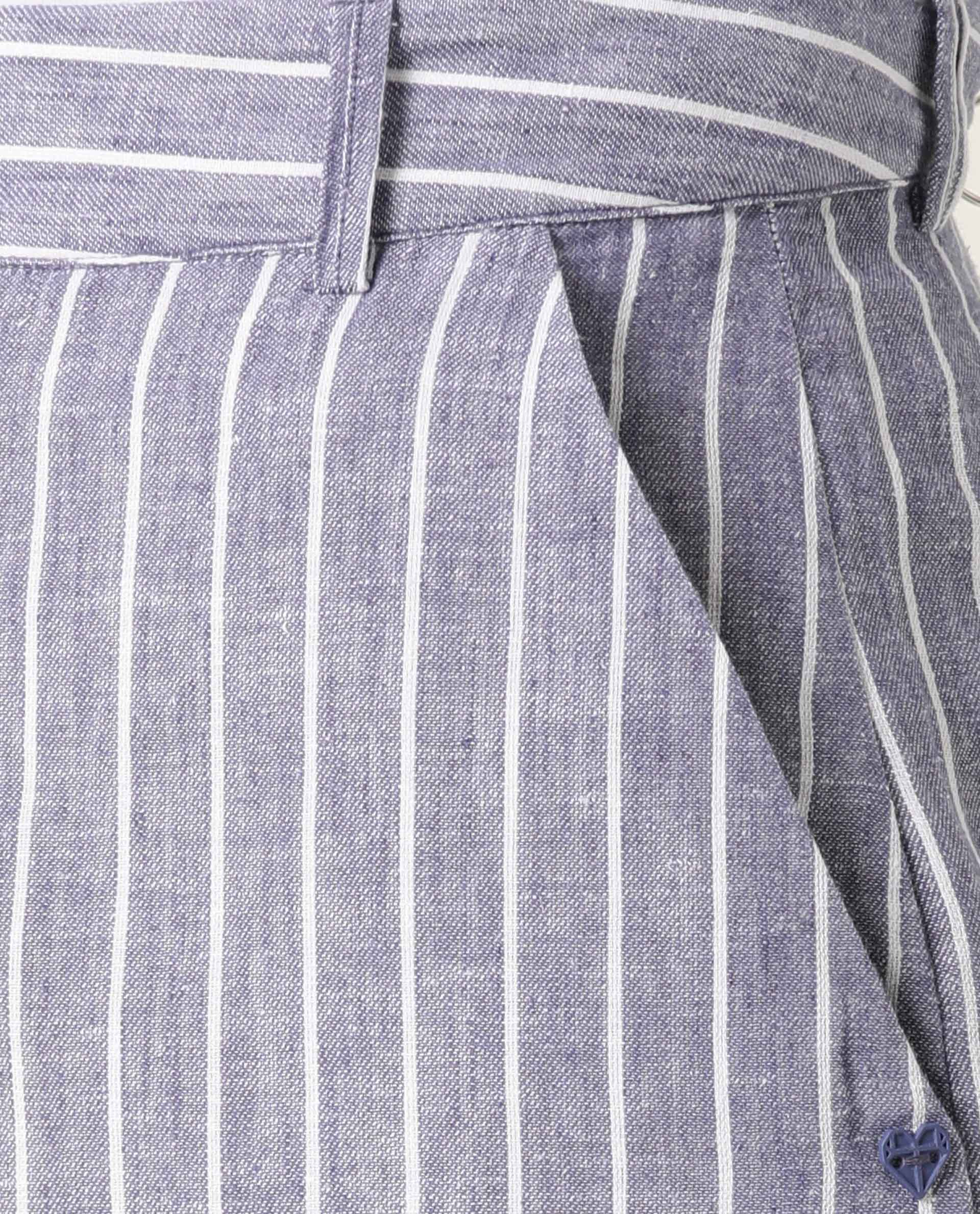 WOMEN'S LIYA BLUE SHORTS COTTON LINEN FABRIC ZIP CLOUSER STRIPE