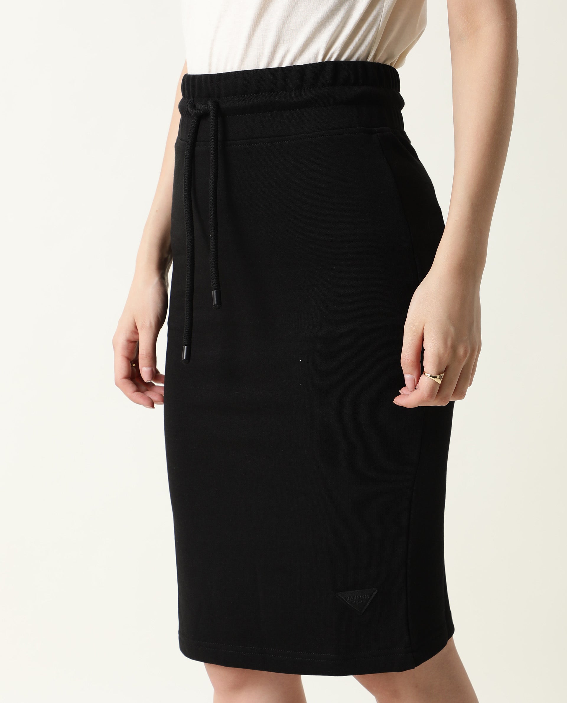 WOMENS FUDGE-1 BLACK SKIRT STRAIGHT FIT MID CALF LENGTH POLYCOTTON FABRIC BACK SLIT ELASTICATED WAIST