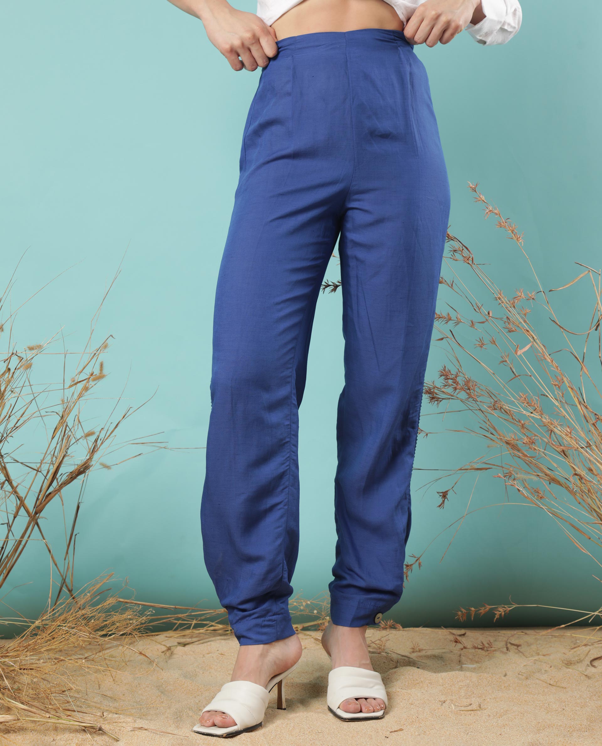 WOMEN'S ERIN BLUE TROUSERS MODAL LINEN FABRIC SOLID