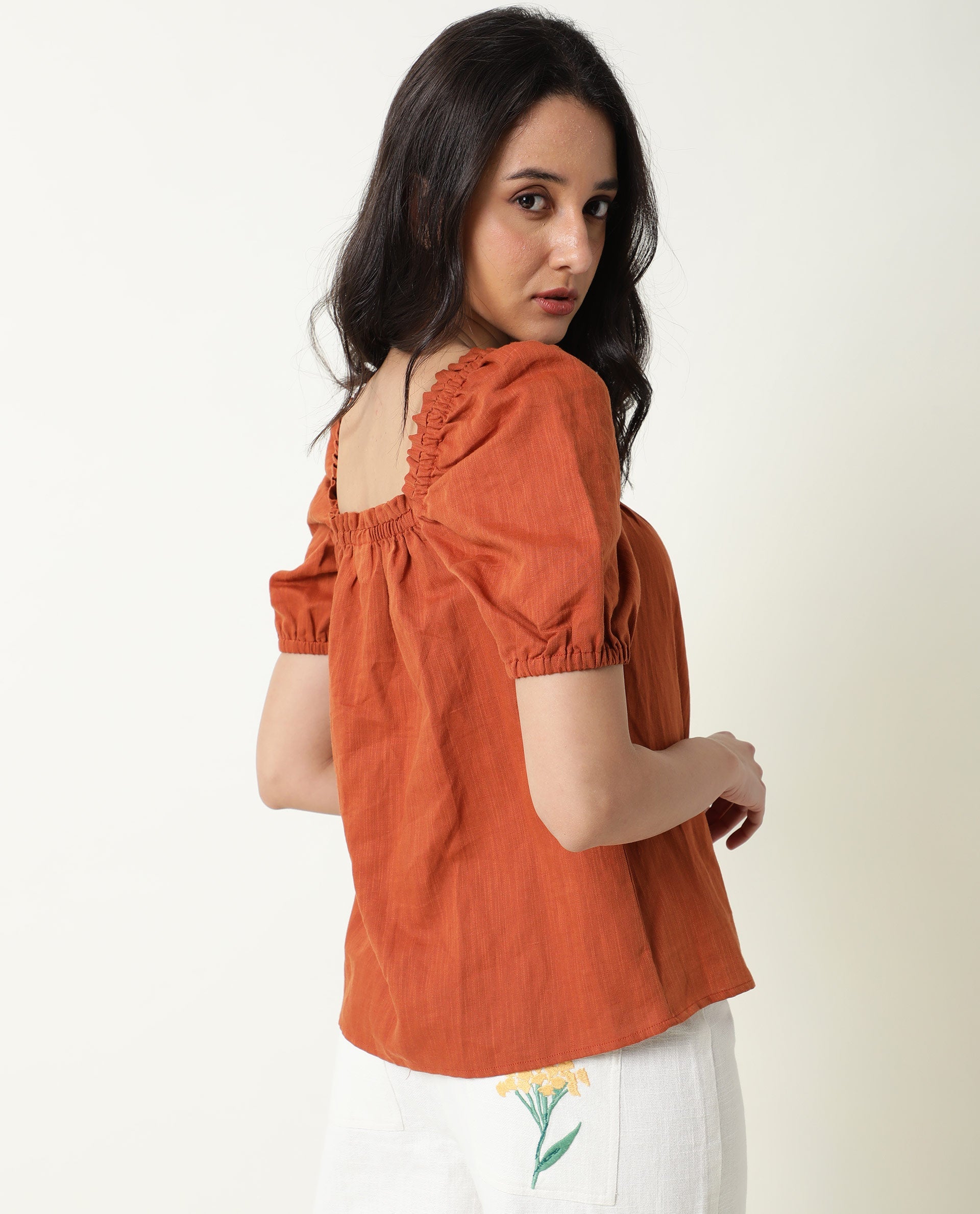 WOMENS GAMORA RUST TOP Cotton Linen FABRIC Loose FIT Puff Sleeves Square Neck