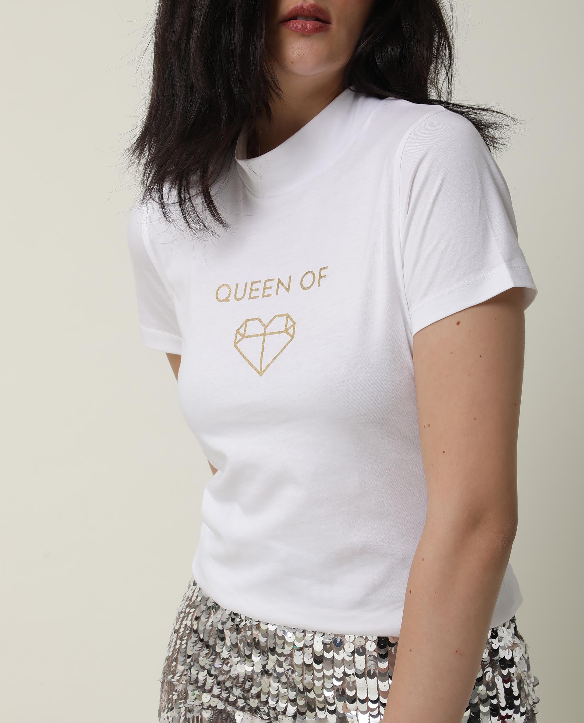 WOMENS QUEENIE WHITE T-SHIRT POLYCOTTON FABRIC REGULAR FIT SHORT SLEEVES ROUND NECK