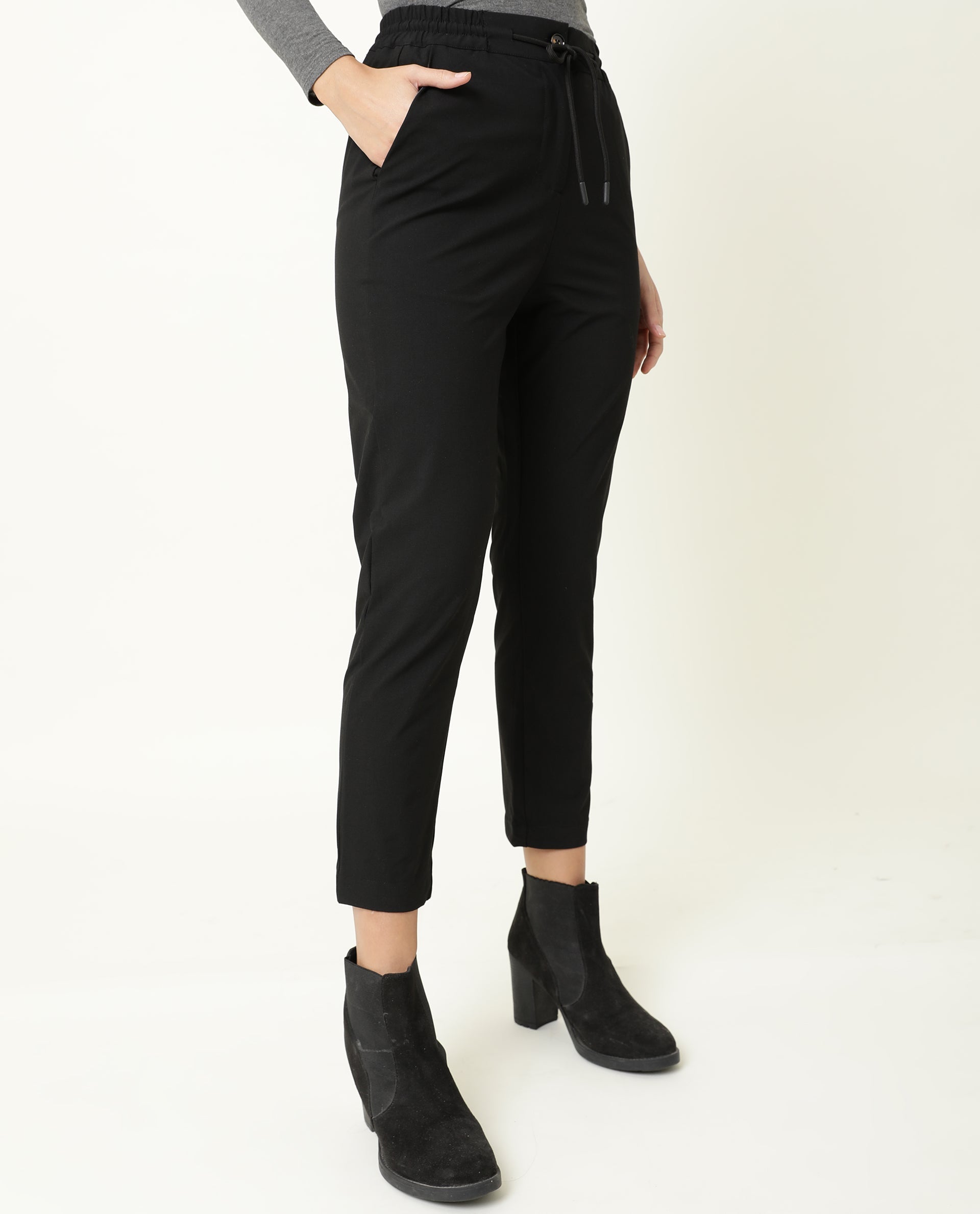 WOMENS LOCOMOTE BLACK TROUSER POLY VISCOSE STRETCH FABRIC STRAIGHT FIT ELASTICATED WAIST BAND