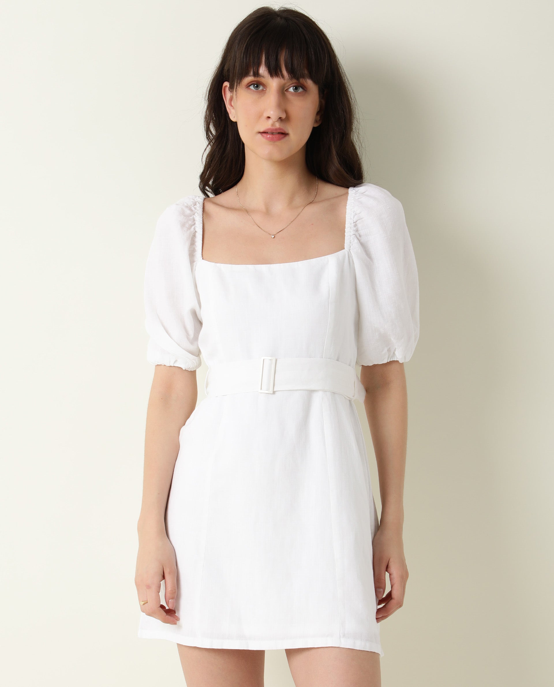 WOMENS UPTOWN WHITE DRESS COTTON LINEN FABRIC REGULAR FIT PUFF SLEEVES SQUARE NECK