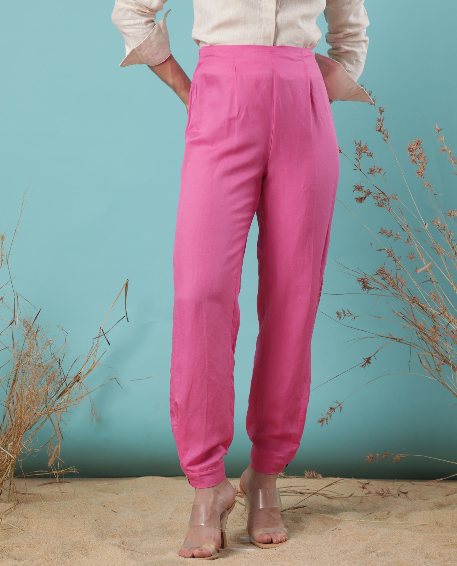 WOMEN'S ERIN PINK TROUSER MODAL LINEN FABRIC MID RISE WAIST SOLID