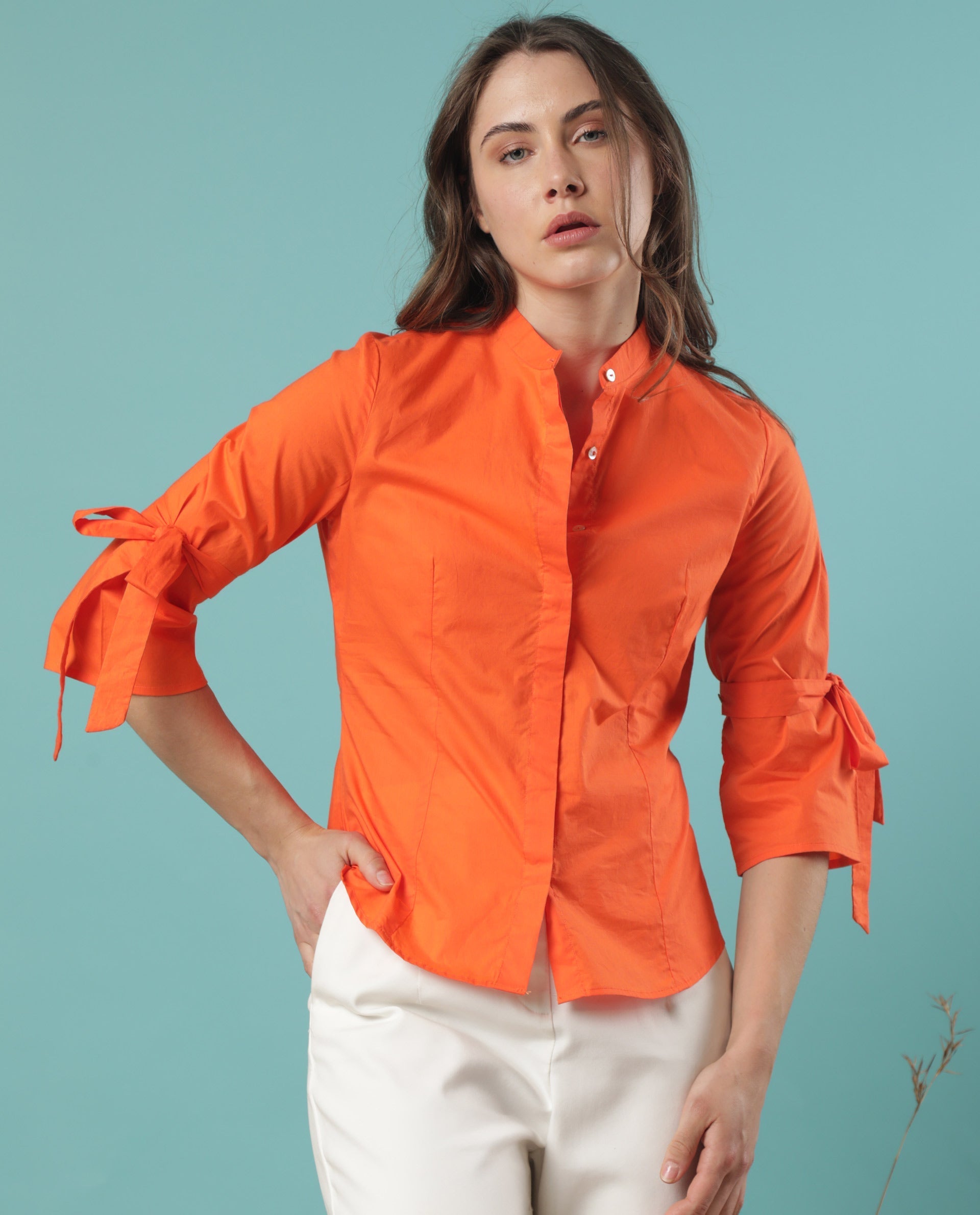 WOMEN'S TIPS ORANGE SHIRT COTTON FABRIC FULL SLEEVES SOLID