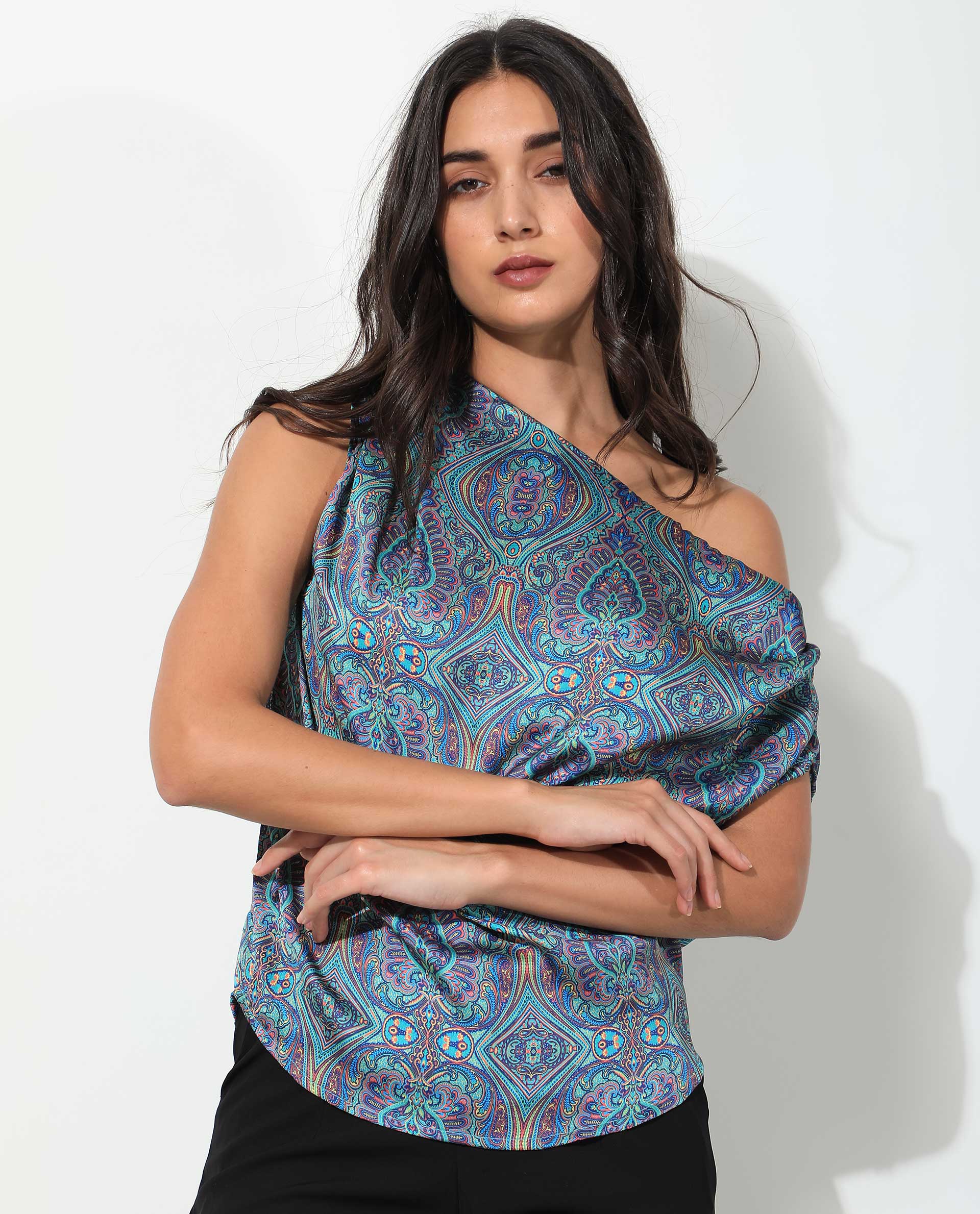 WOMEN'S SYDNEY BLUE TOP  POLYESTER FABRIC OFF SHOULDER PRINTED