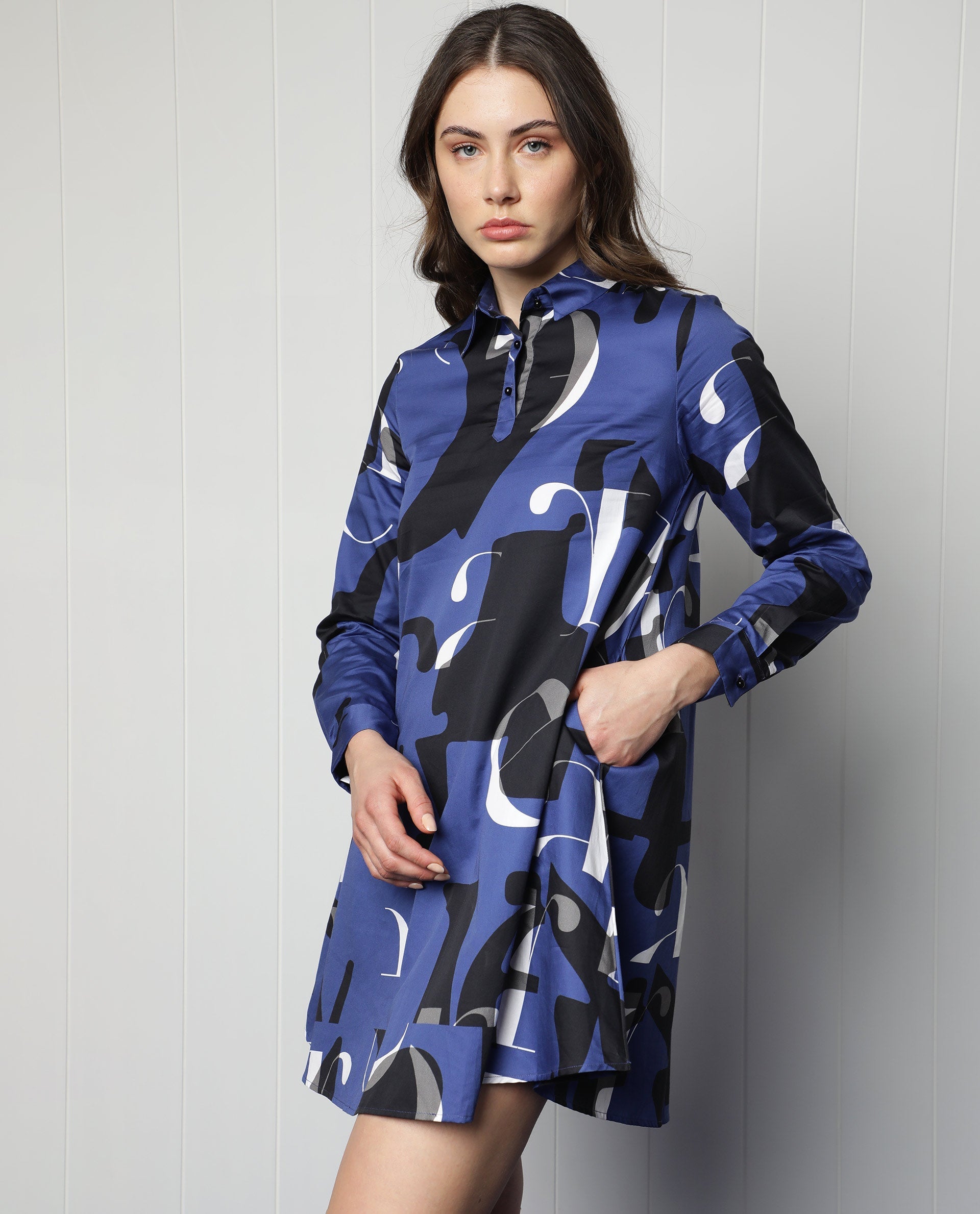 WOMEN'S MACIE BLUE DRESS COTTON FABRIC FULL SLEEVES SLIM FIT PRINT